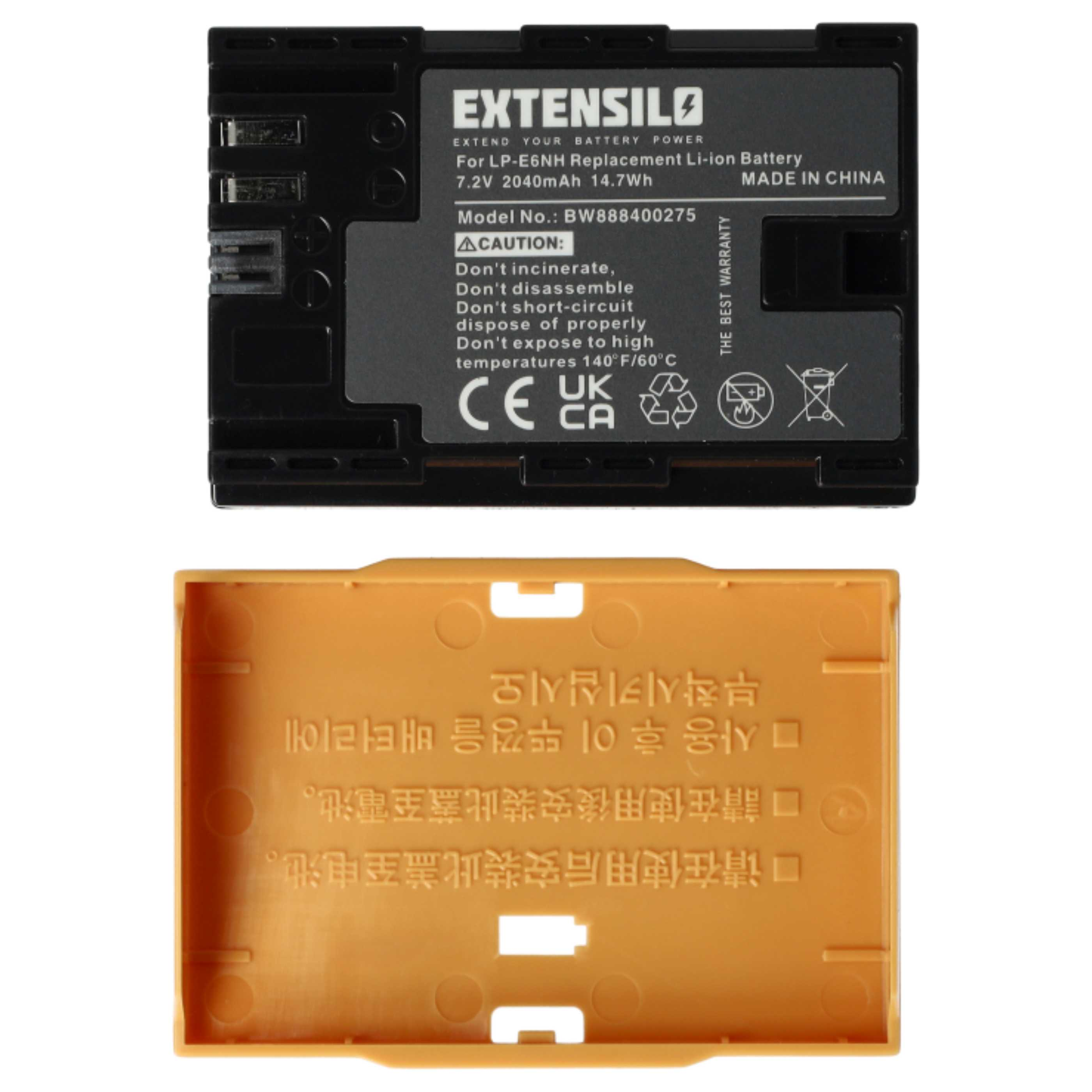 Schwarzer Akku mit weißem Text und gelbem Akku-Gehäuse. Text: EXTENSILO, 7,2 V 2040 mAh.