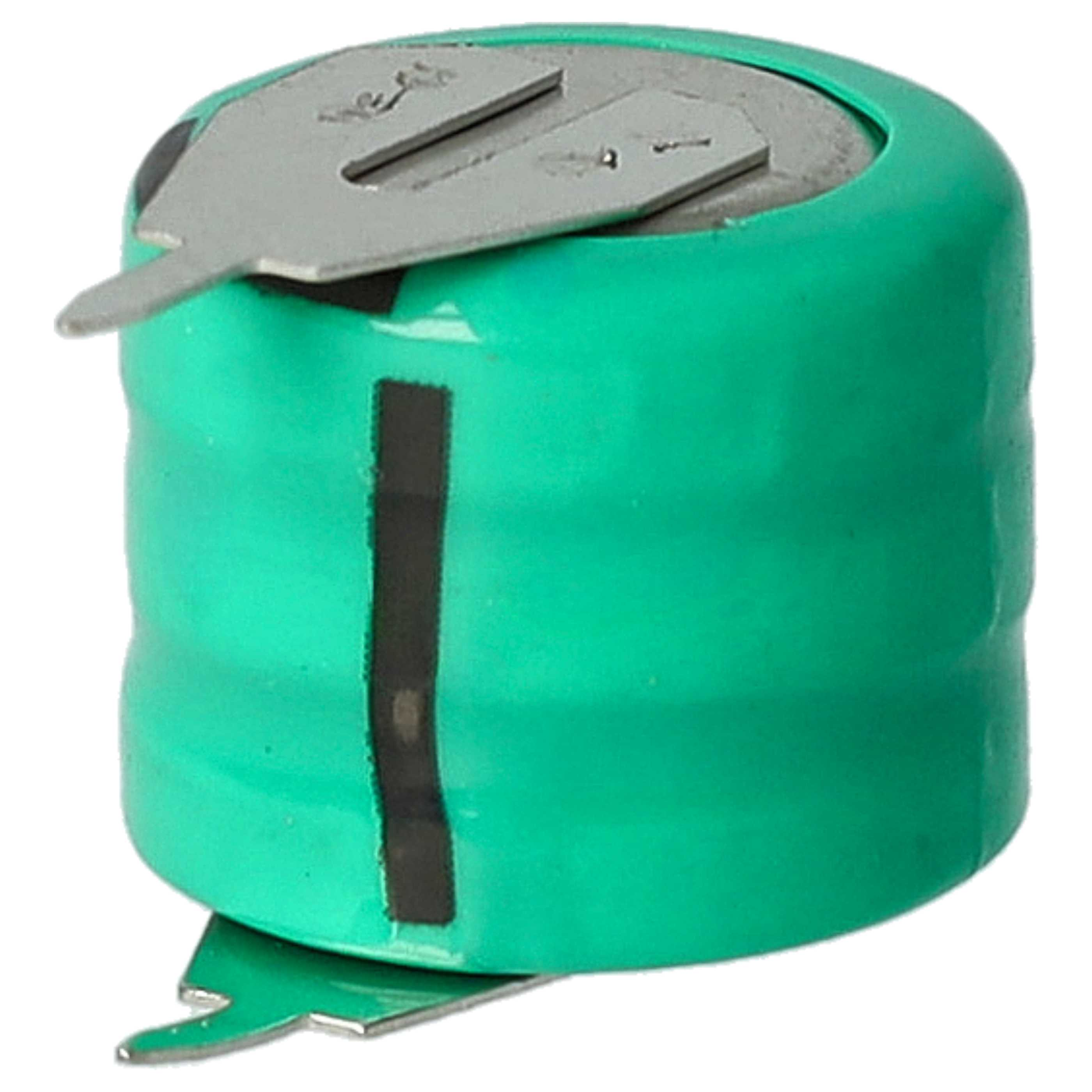 Eine grüne Batterie mit Metallkontakten. Sie befindet sich auf weißem Hintergrund.