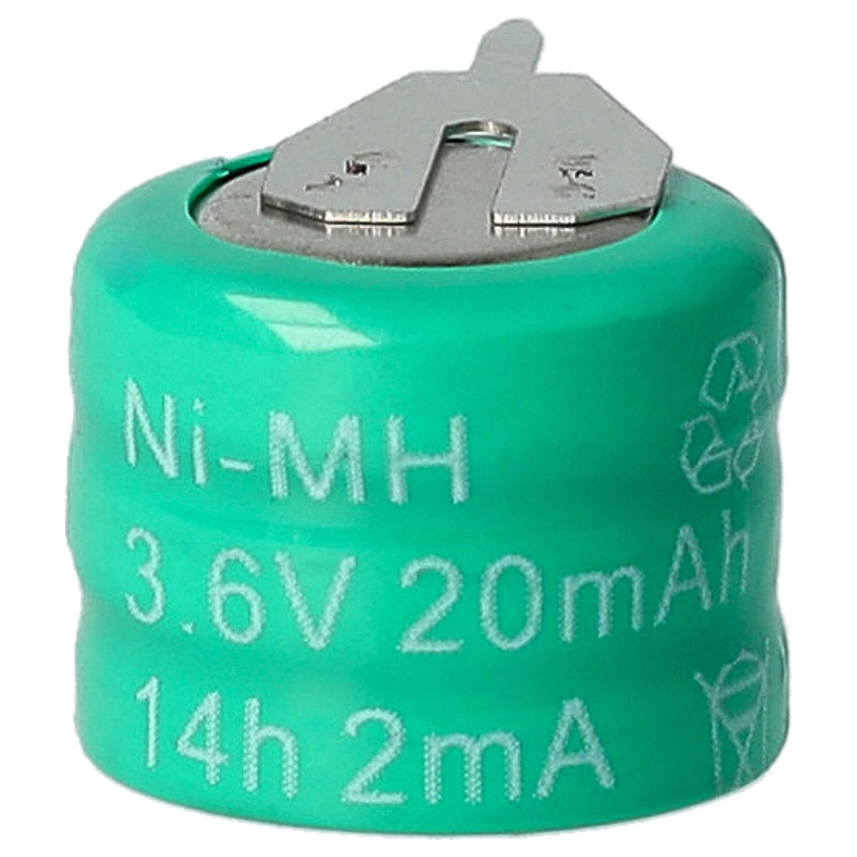 Grüne Ni-MH-Batterie mit Etiketten, die Spannung, Kapazität und Ladespezifikationen angeben.