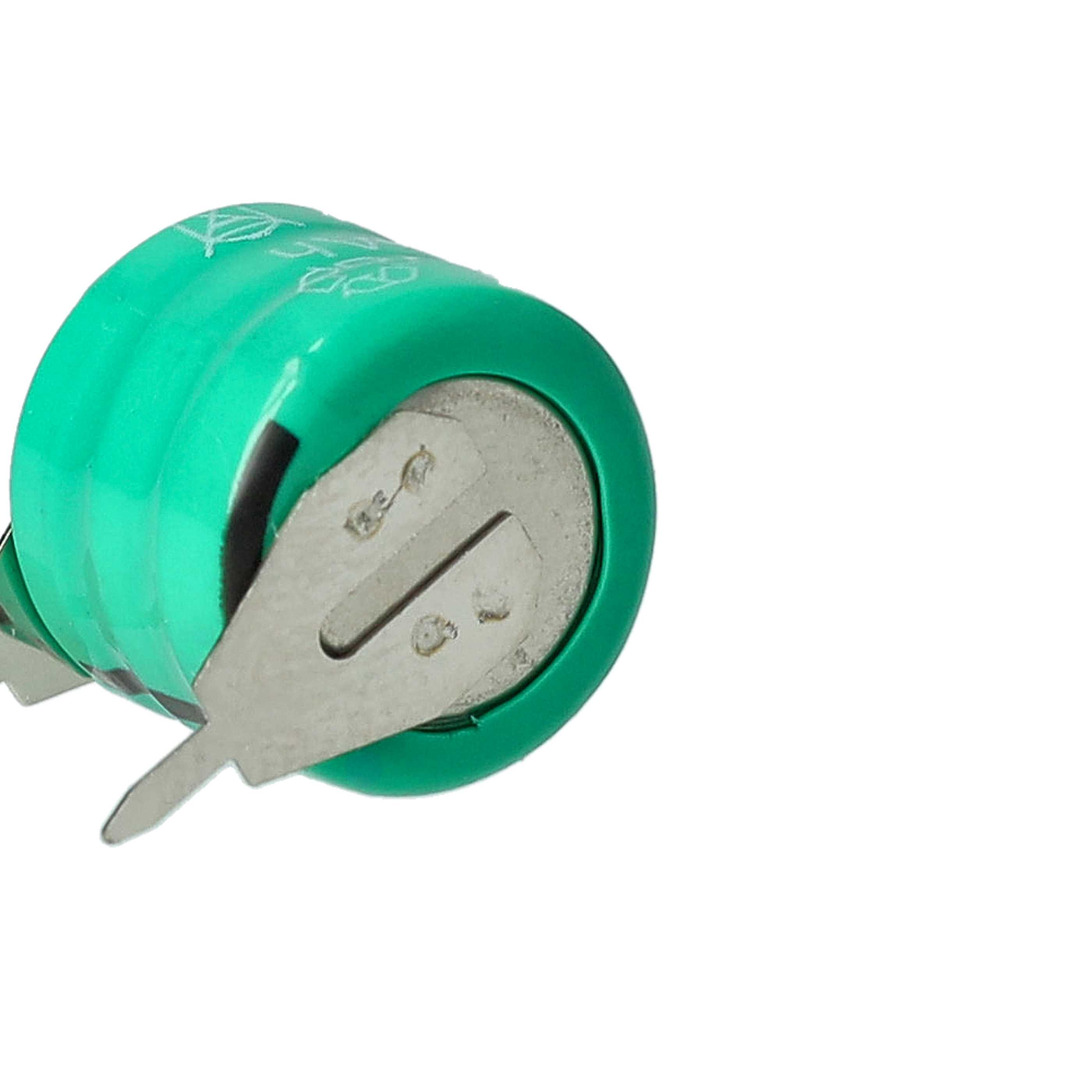 Eine grüne Batterie mit einem silbernen Metallanschluss. Die Batterie ist zylindrisch.