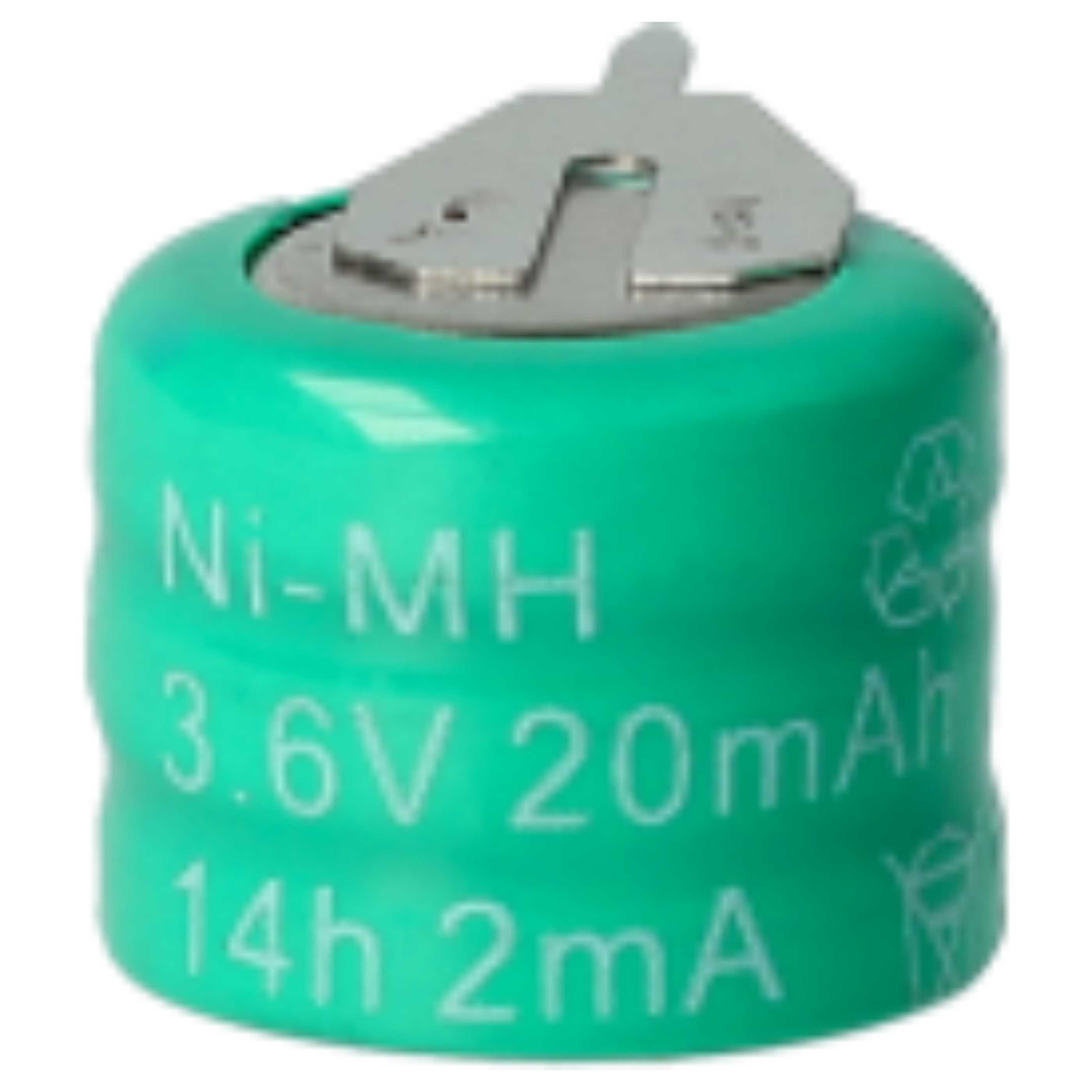 Eine grüne Ni-MH-Batterie mit 3,6 V, 20 mAh und 14 h 2 mA.