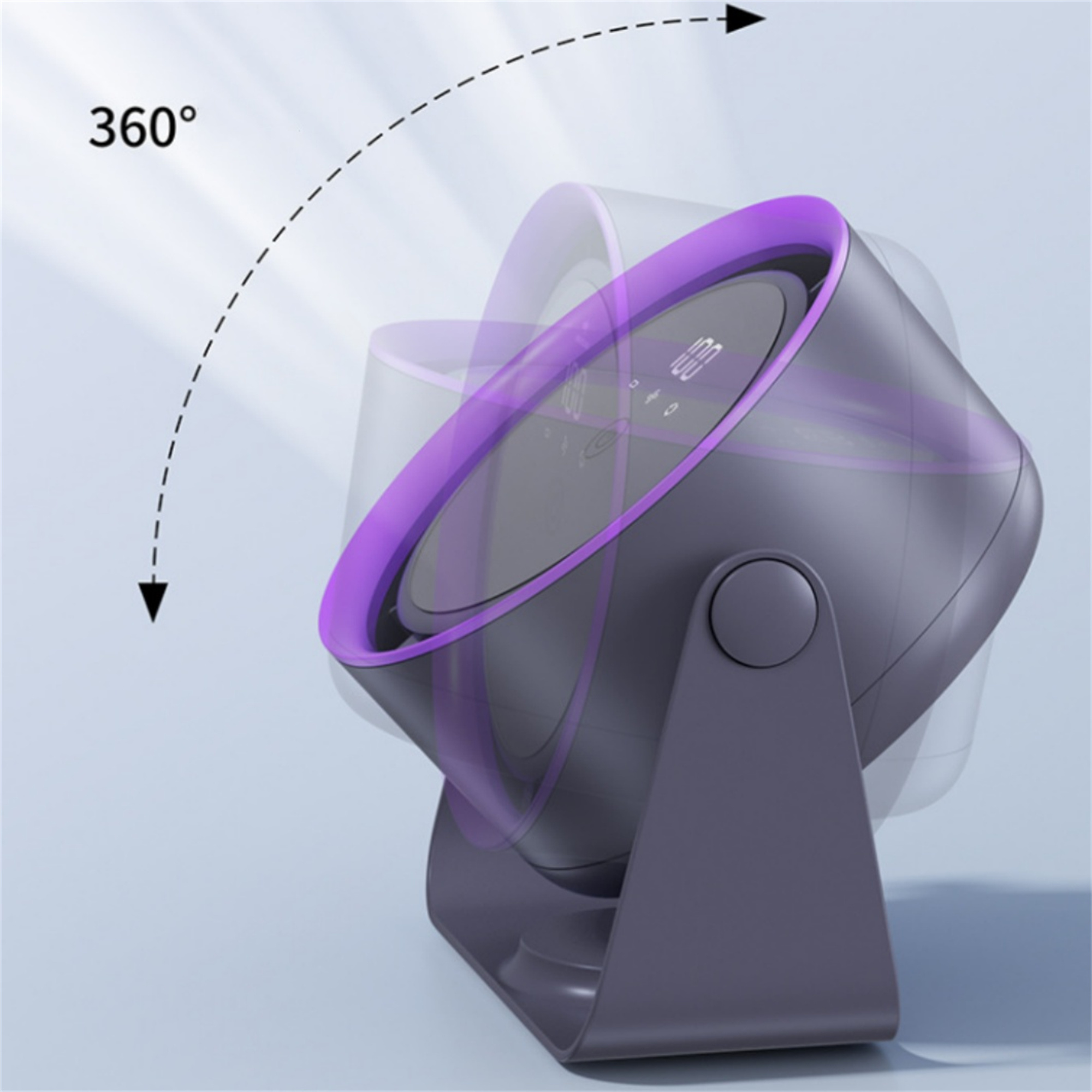 Ein grau-violettes fächerförmiges Gerät mit Digitalanzeige, vor hellem Hintergrund.