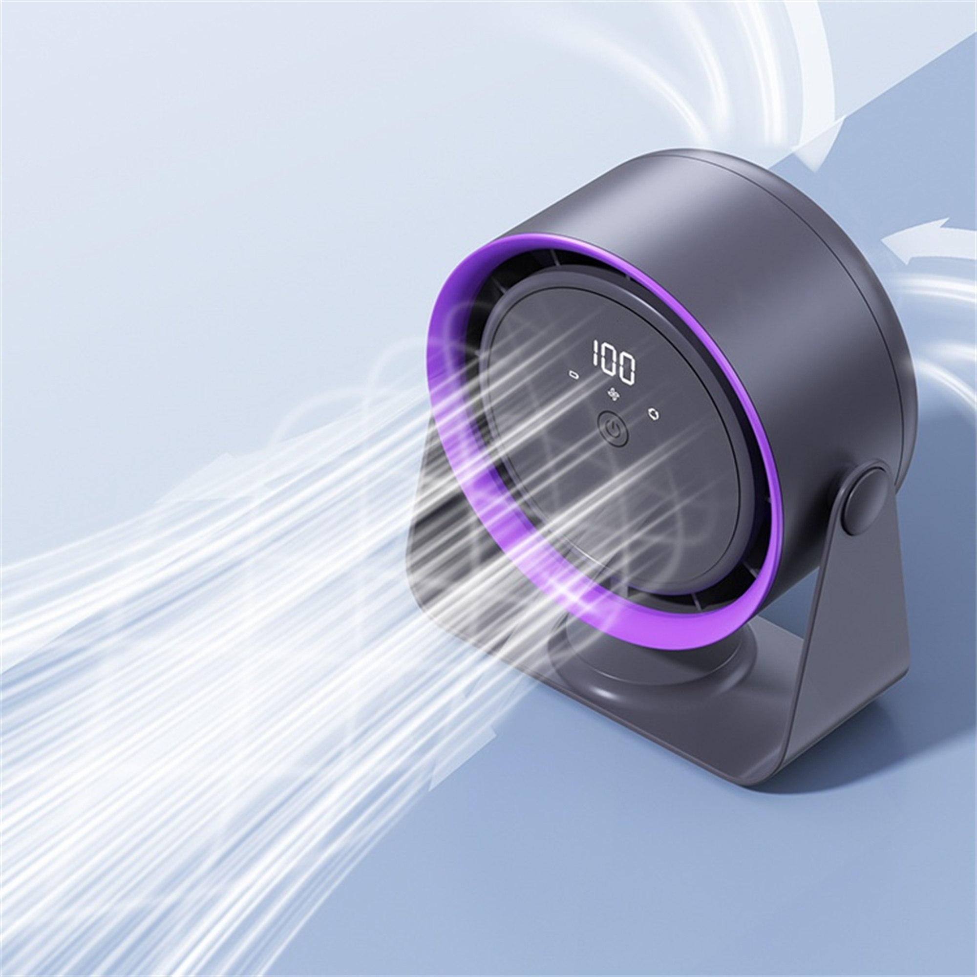 Ein schwarz-violetter Ventilator mit digitaler Anzeige, Luft strömt.