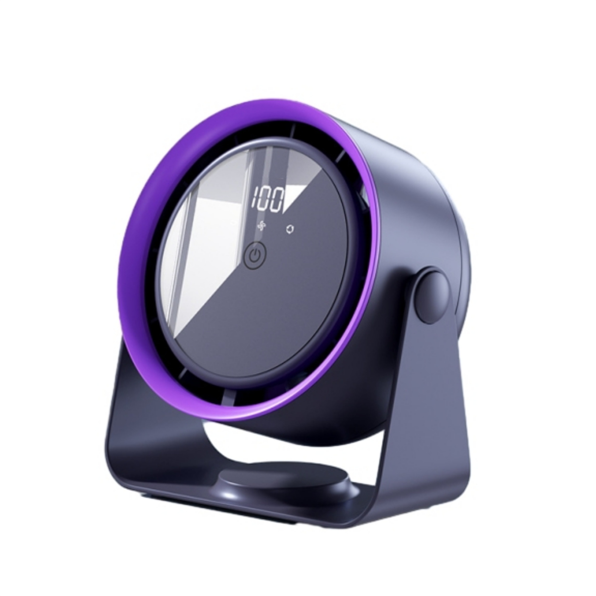 Schwarz-violetter Ventilator mit Digitalanzeige, klein und rund.