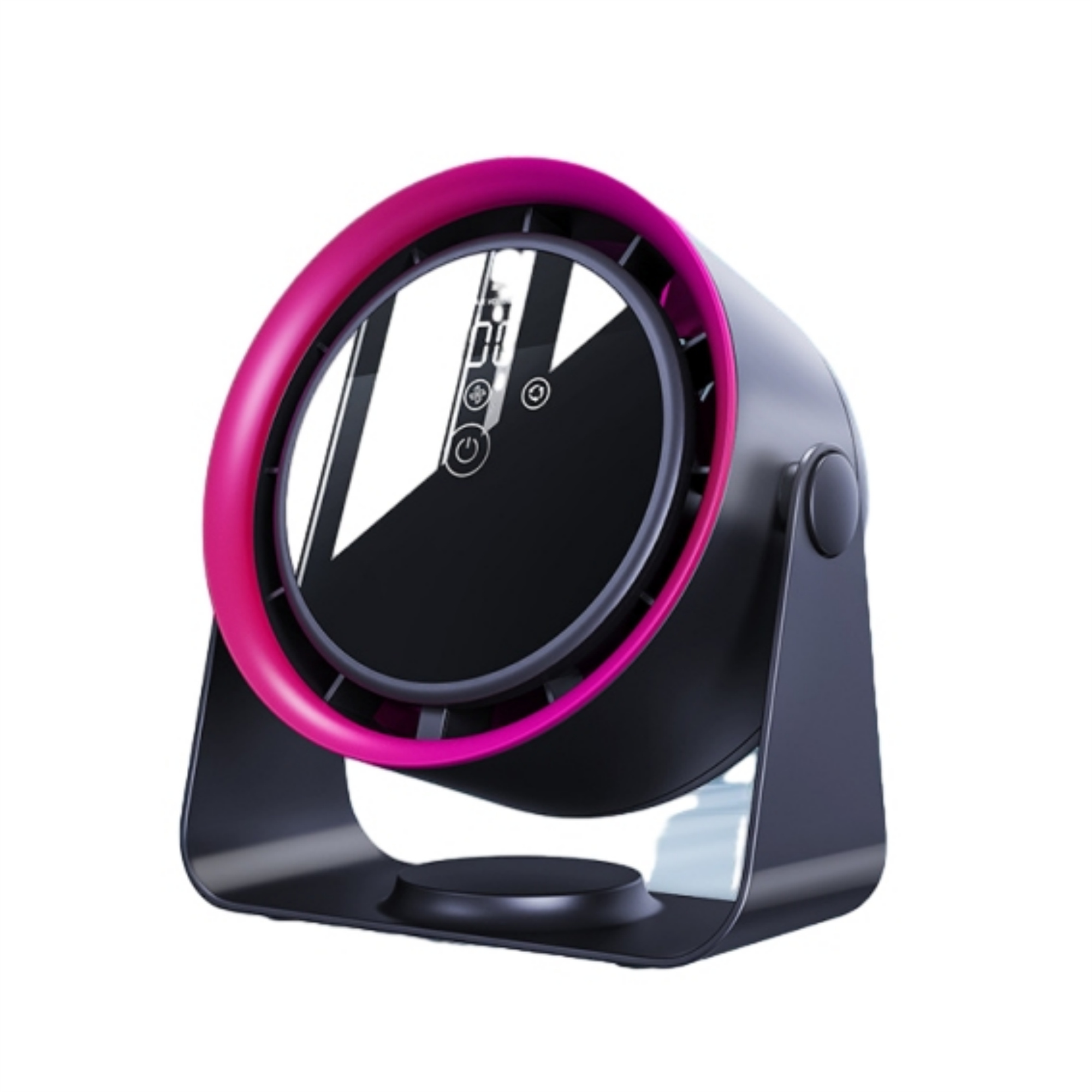 Schwarzer und rosa Luftreiniger mit Digitalanzeige. Es hat ein kreisförmiges Design und einen schwarzen Sockel.