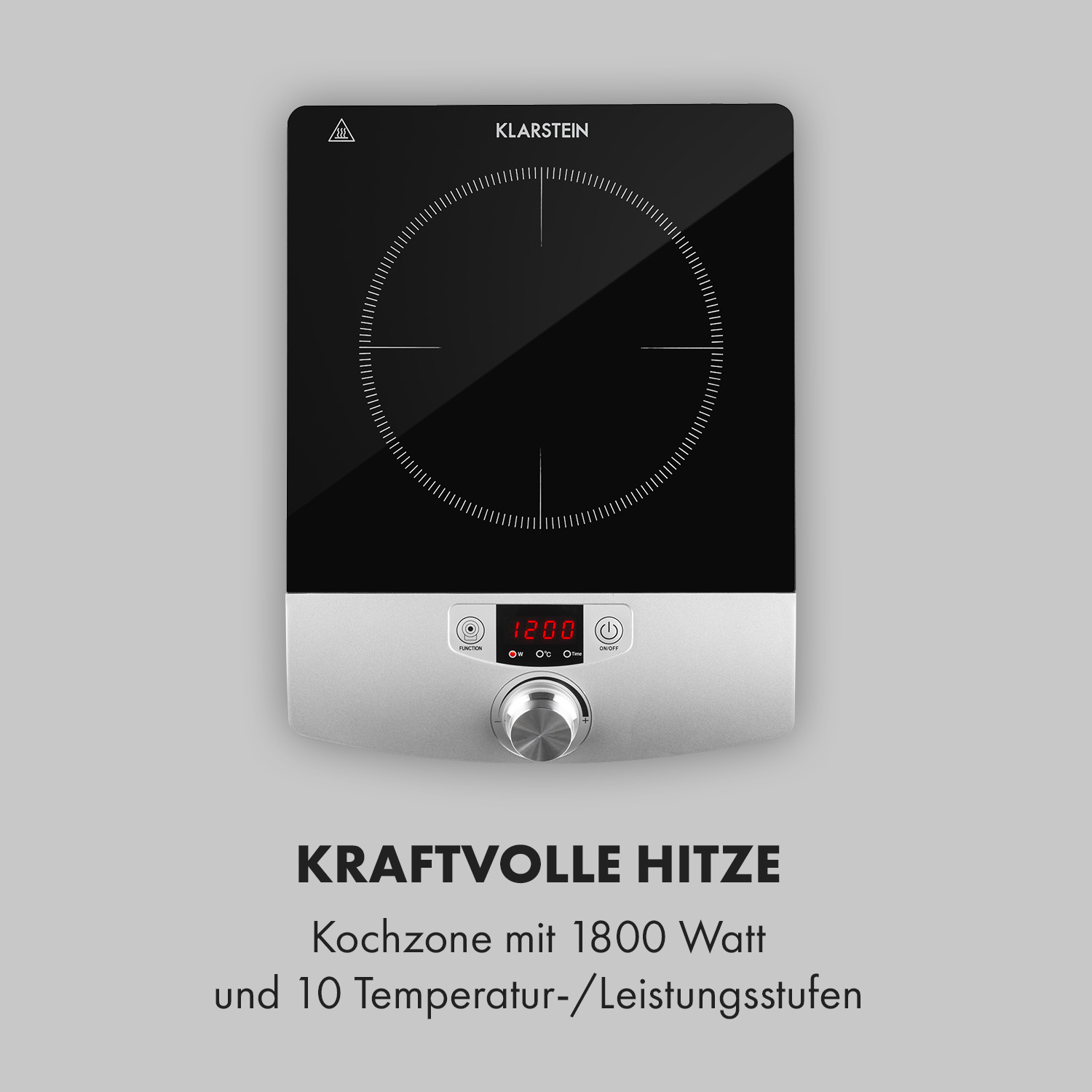 Schwarzes und silbernes Induktionskochfeld mit digitaler Anzeige. Text auf Deutsch, Kraftvolle Hitze, ist sichtbar.