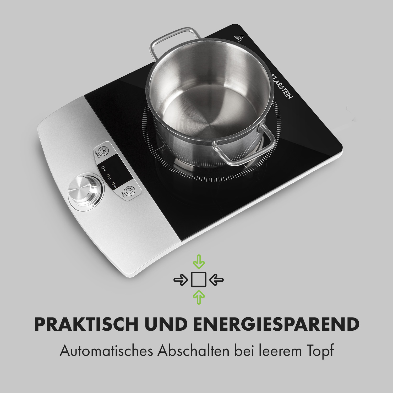 Ein Induktionskochfeld mit einem Topf darauf, mit Text über Energieeinsparung und automatische Abschaltung.