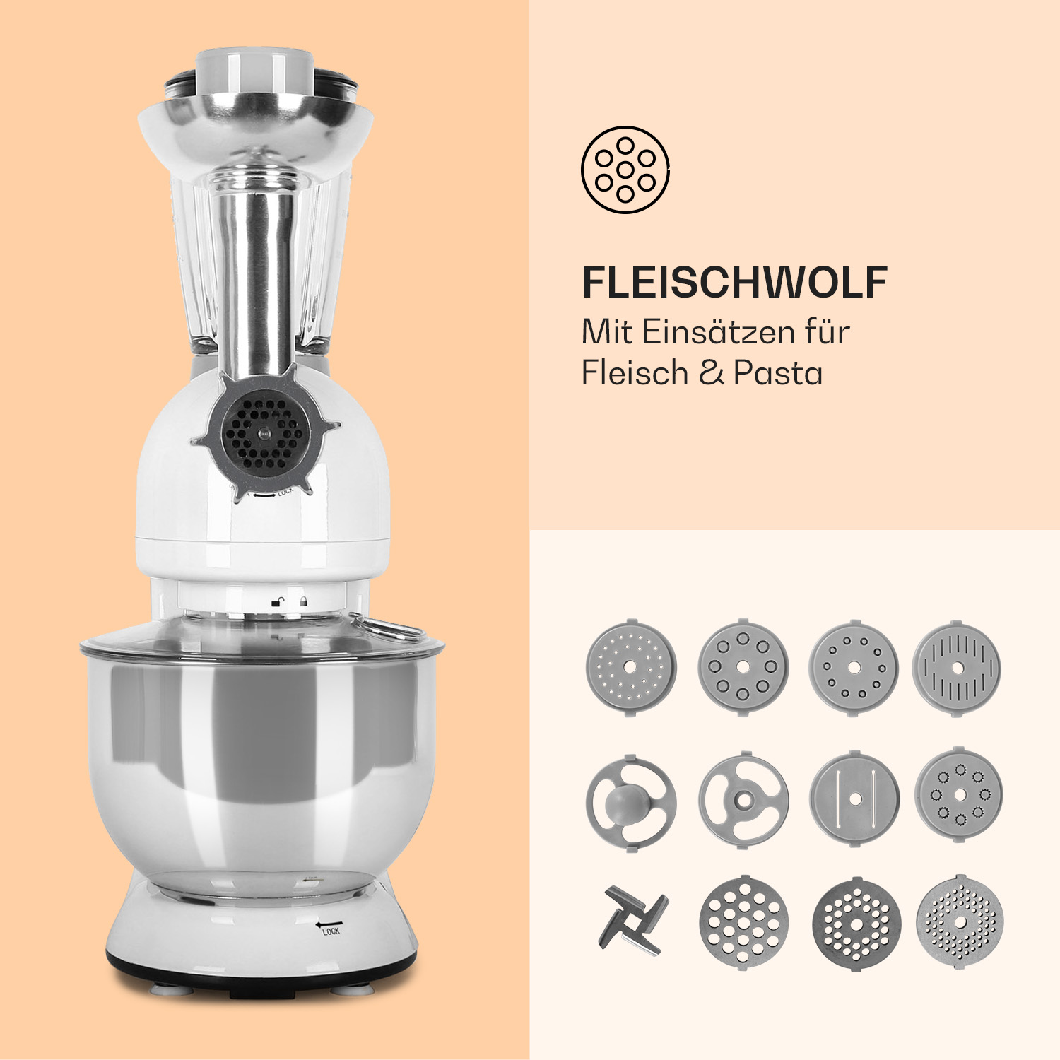 Un elettrodomestico da cucina bianco con accessori, tra cui un tritacarne. Testo in tedesco.