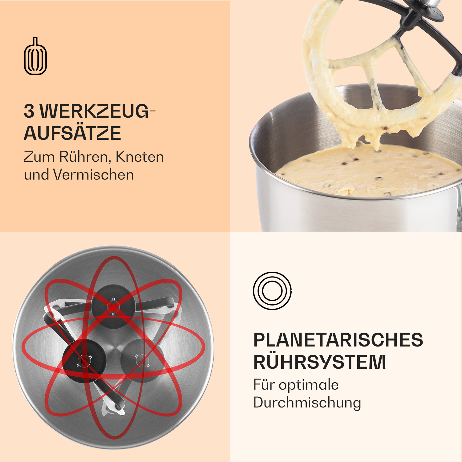 Ein Mixer mit Aufsätzen, Teig in einer Schüssel und Text über die Funktionen des Mixers.