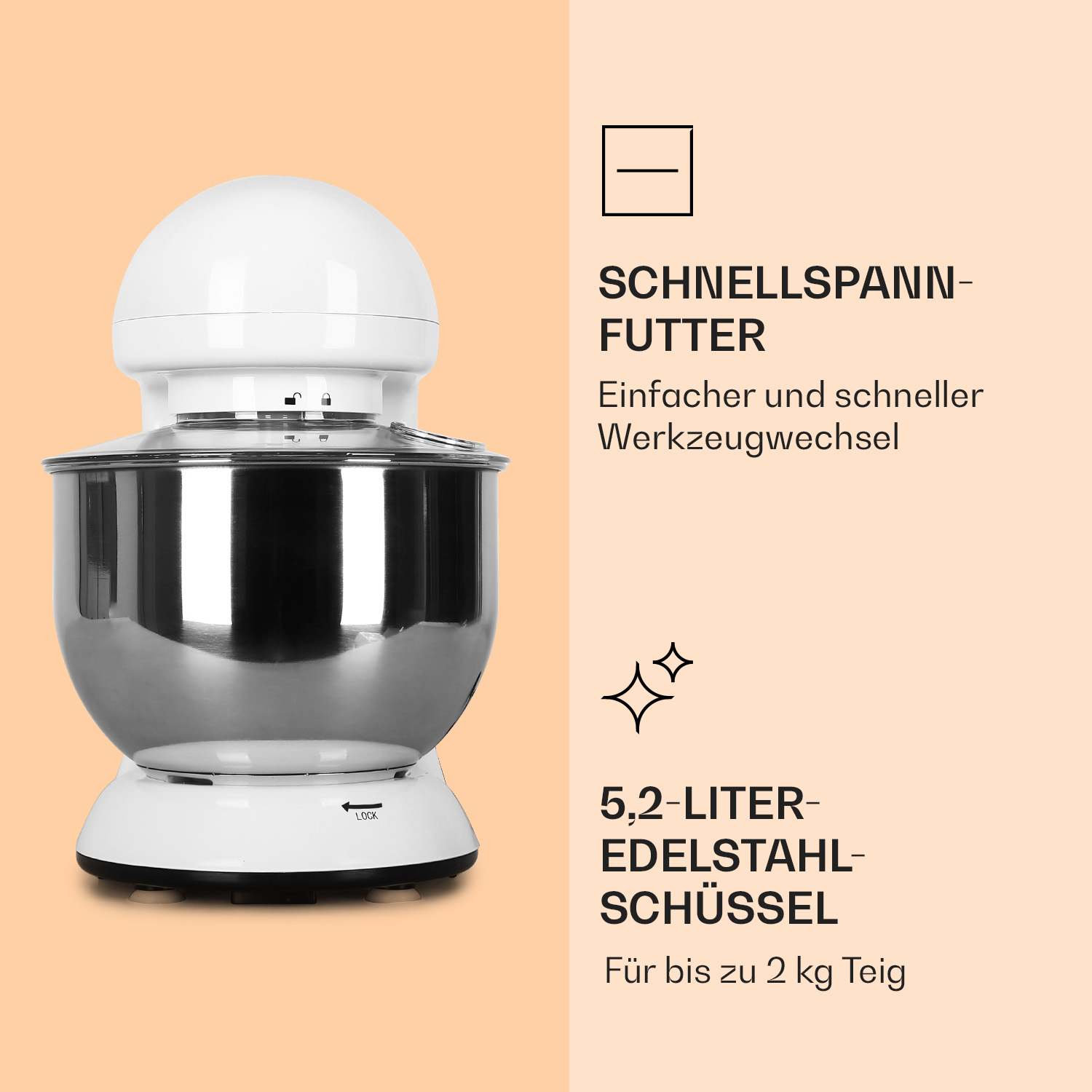 Ein weißer Küchenmixer mit Edelstahlschüssel. Text: 5,2-Liter-Schüssel, 'Schnellspannfutter'.