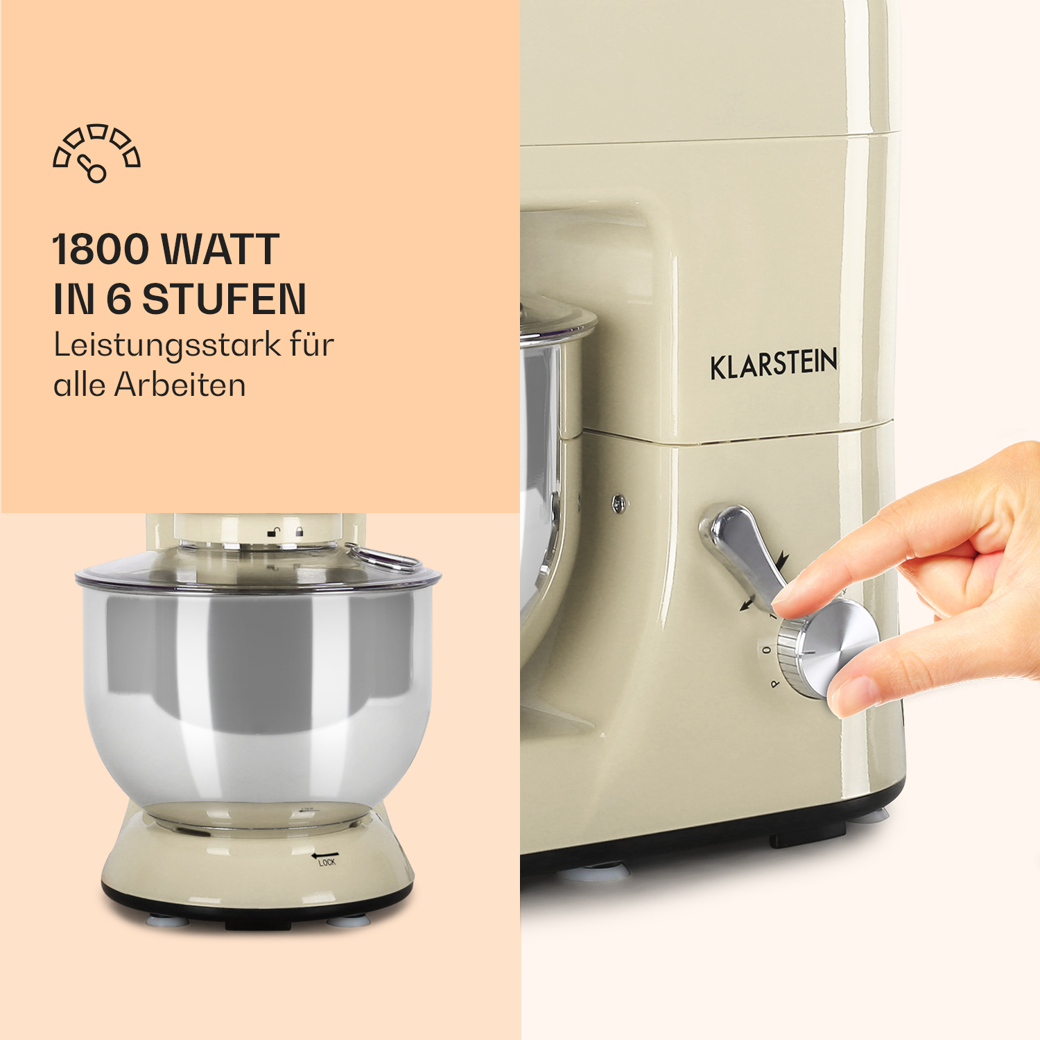 Ein cremefarbener Küchenmixer, eine Hand stellt den Geschwindigkeitsregler ein.