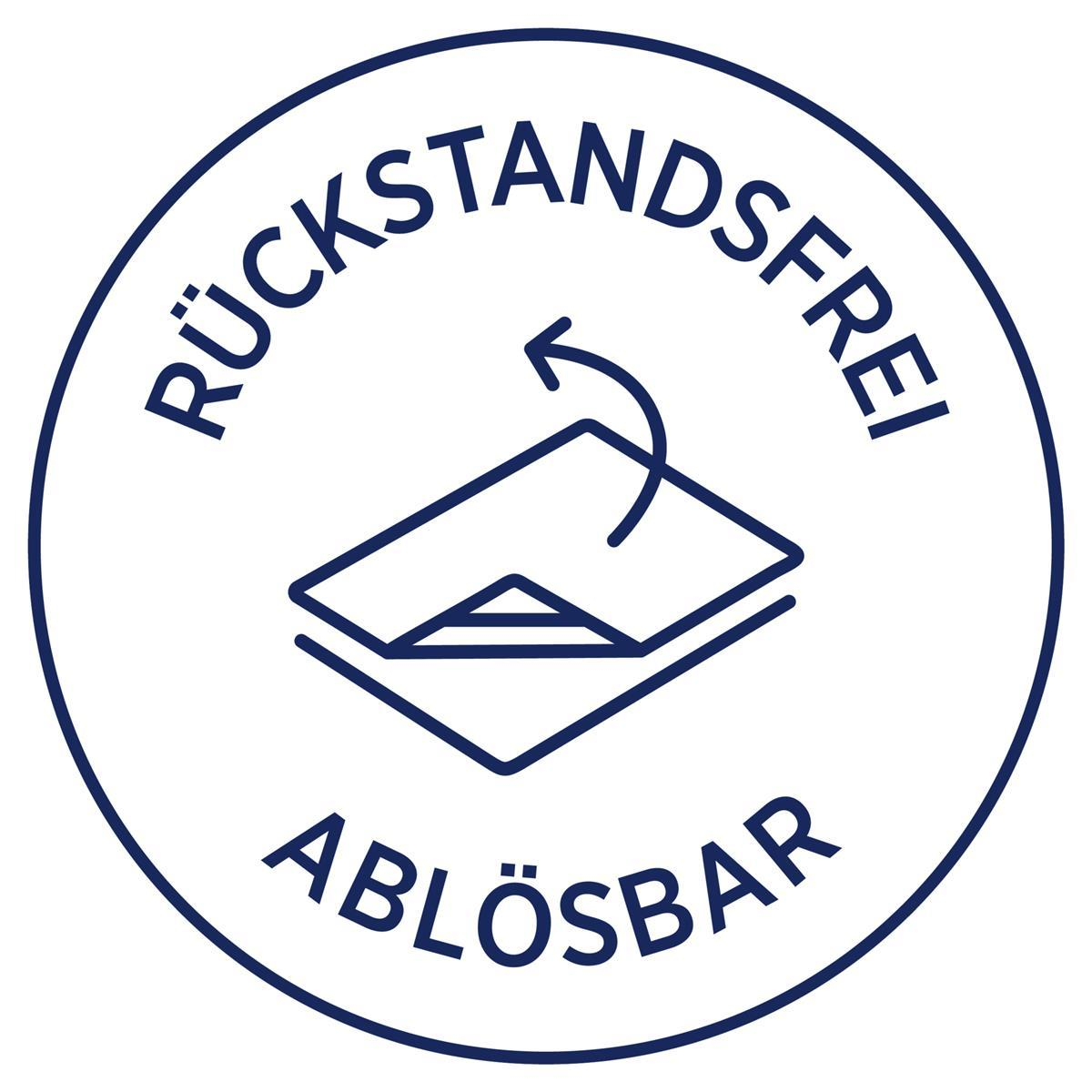 Blau-weißer Aufkleber mit deutschem Text. Er lautet 'RÜCKSTANDSFREI ABLÖSBAR' um ein Diagramm.