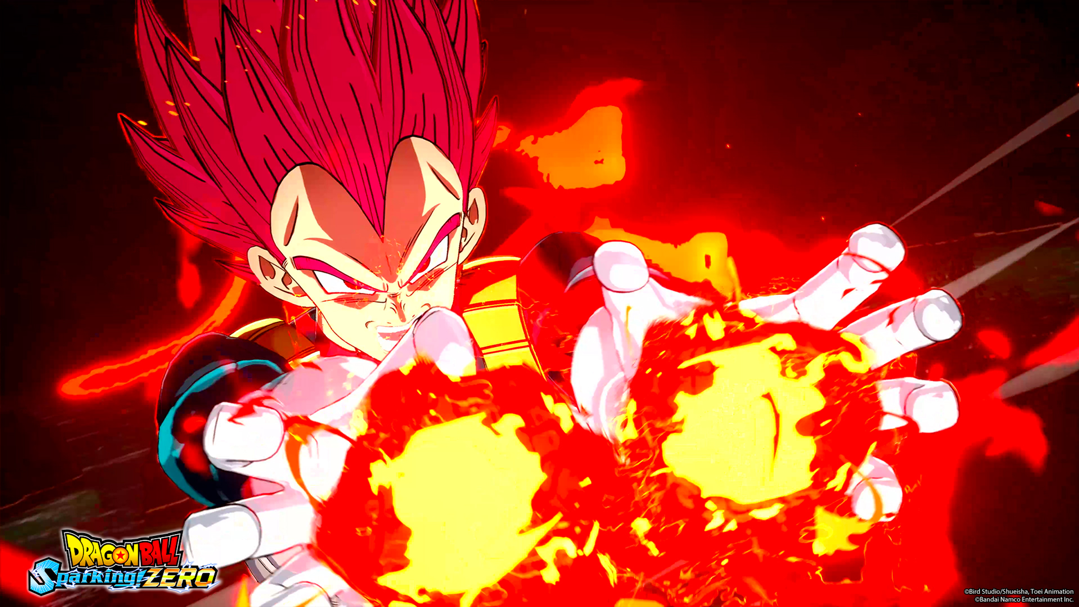 Vegeta, luchador de Dragon Ball, pelo rojo, cargando energía, rodeado de llamas.