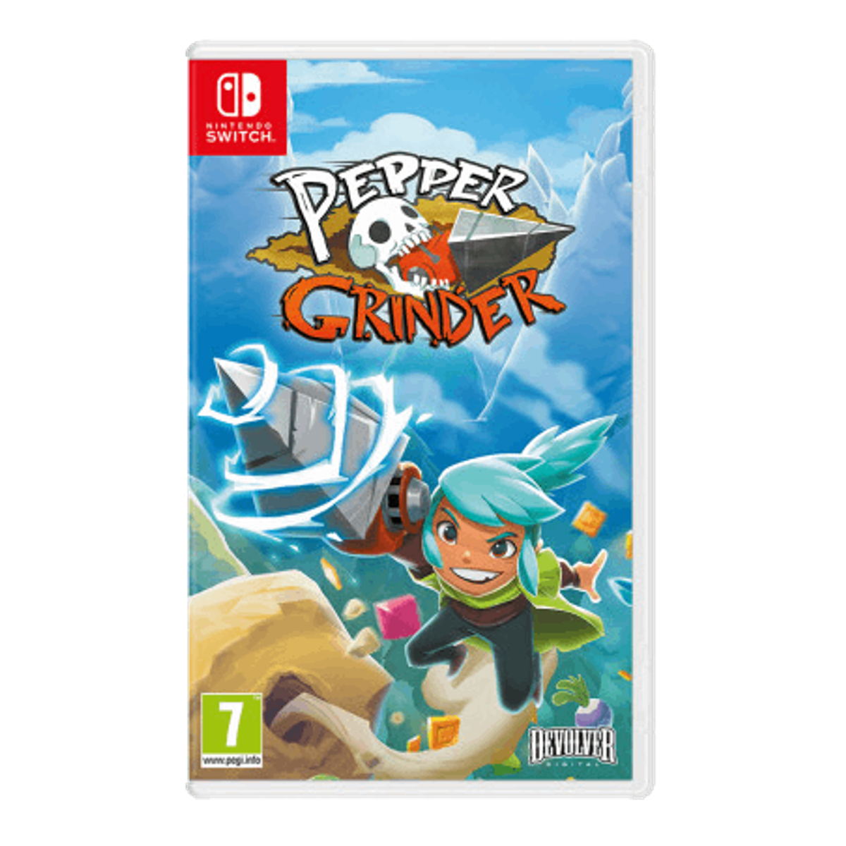 Opakowanie gry Nintendo Switch 'Pepper Grinder', postać z wiertłem na białym tle.