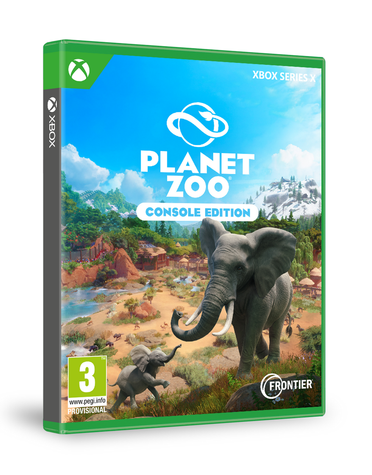 Caja del juego Planet Zoo. Elefante y cría frente a un paisaje. Logotipo de Xbox Series X arriba.