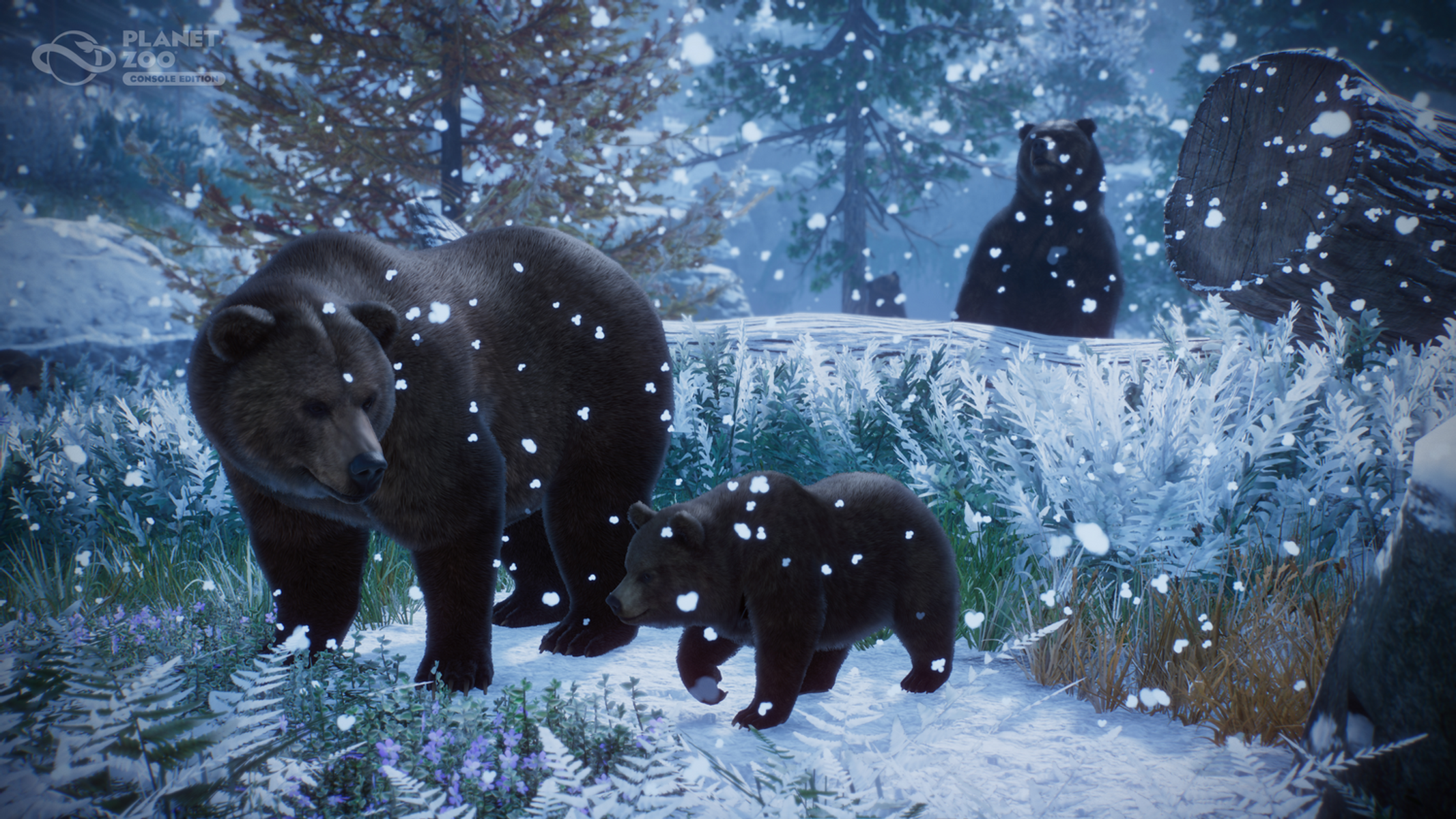 Dos osos pardos en un entorno de bosque nevado, con un cachorro. La escena es de un videojuego.