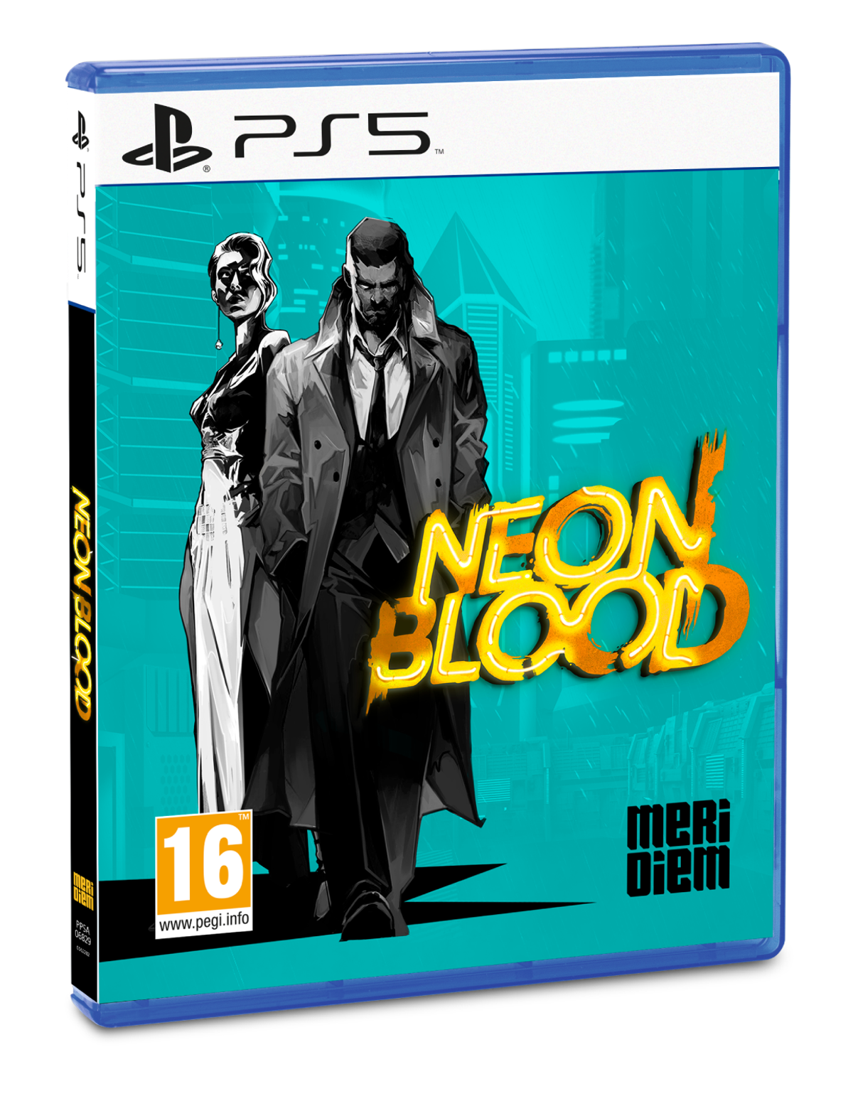 Pudełko gry PS5: Neon Blood, gra z dwiema postaciami na okładce, turkusowe tło.