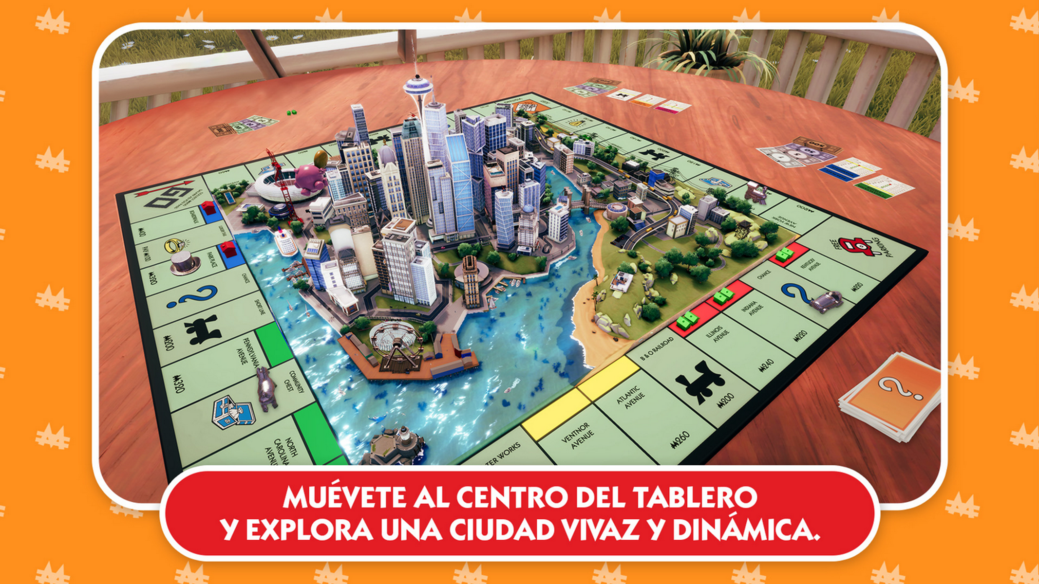 Gra planszowa Monopoly z modelem 3D miasta. Czerwony tekst na dole.