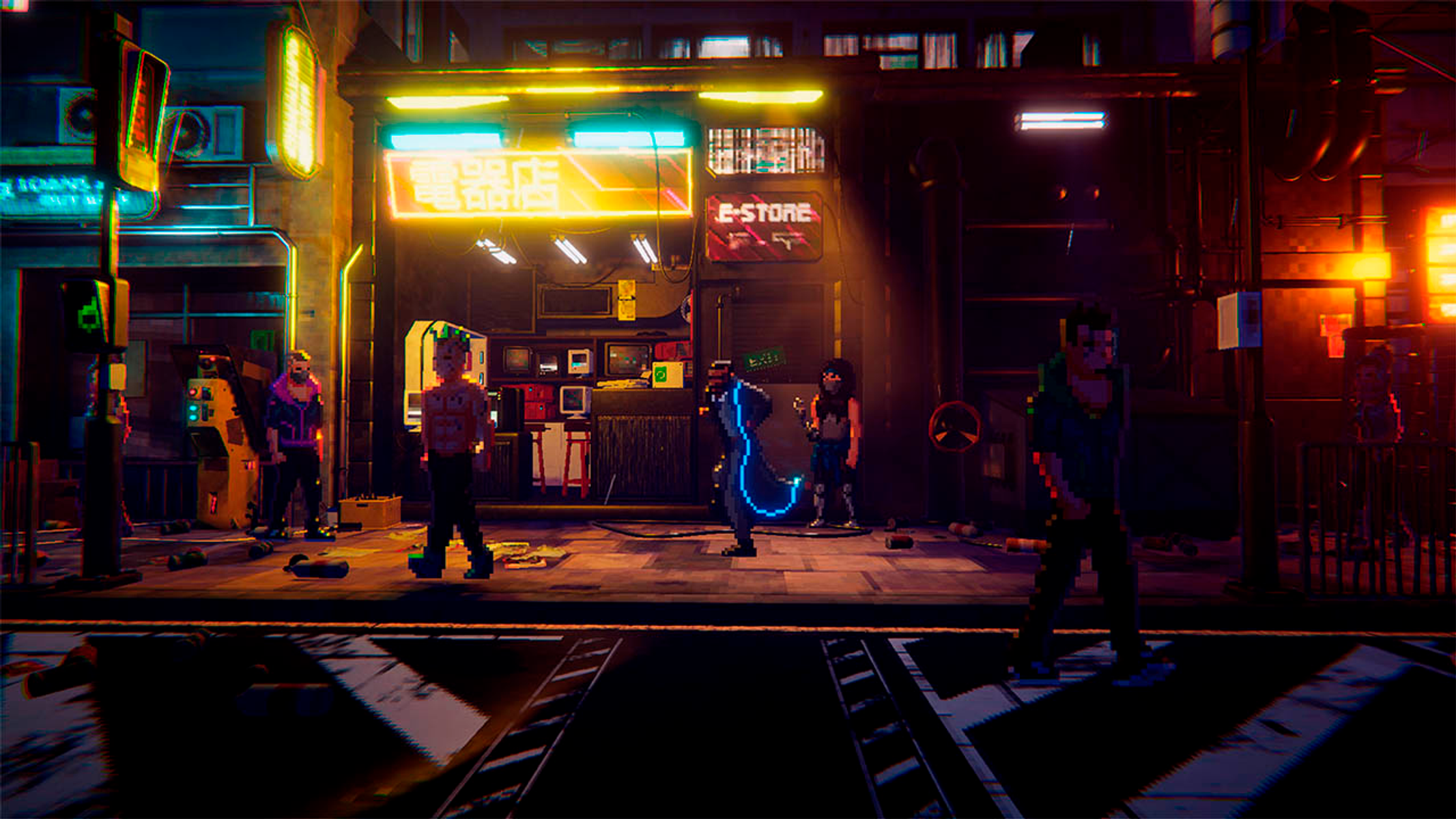 Scena uliczna w stylu cyberpunk, z neonami, postaciami i witryną sklepową.