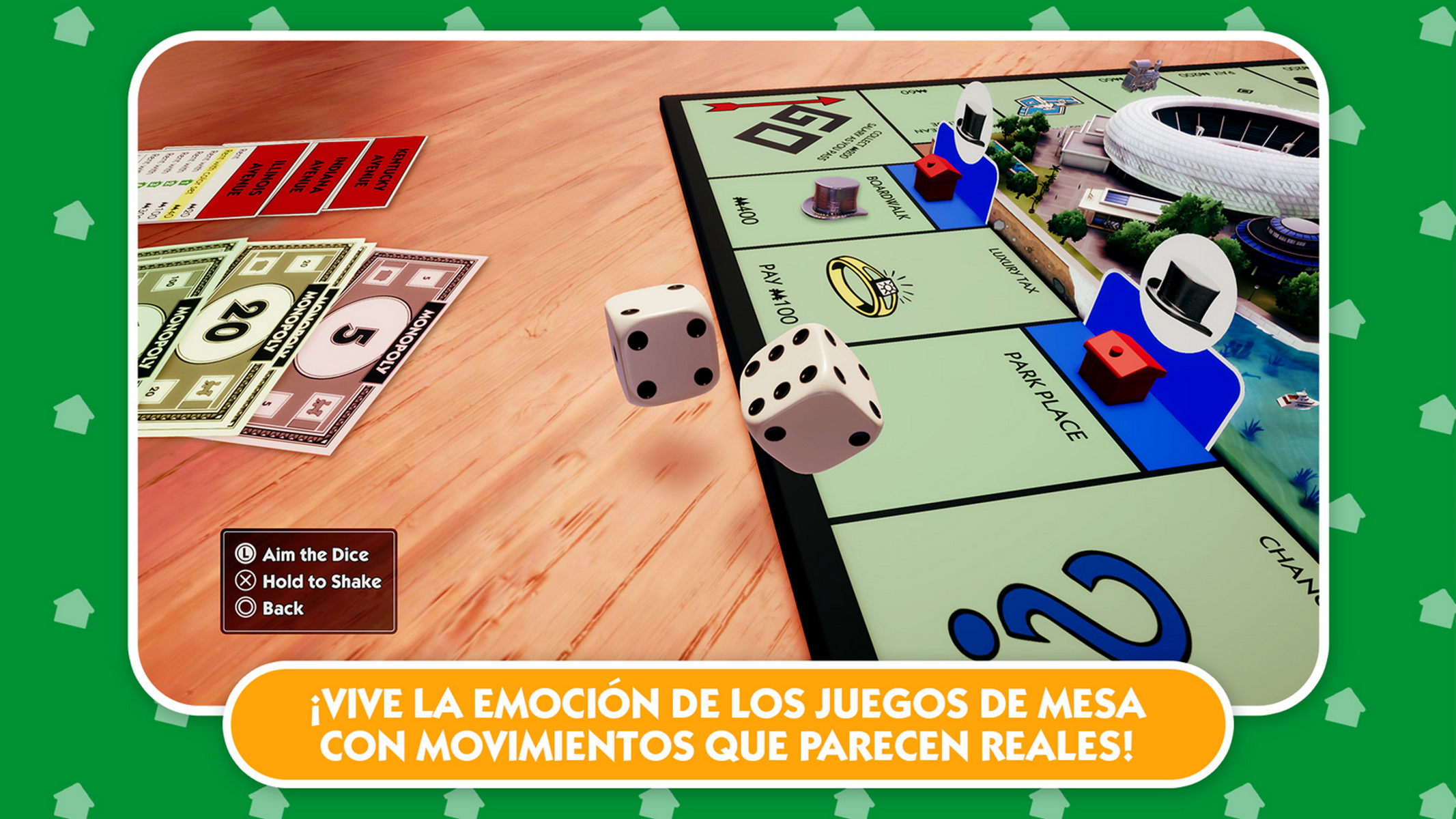 Gra planszowa Monopoly w środowisku 3D z rzucanymi kostkami i pieniędzmi.