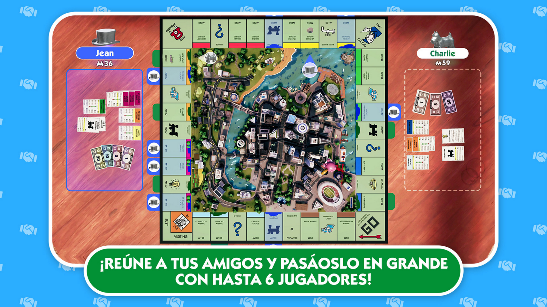 Gra planszowa Monopoly z Jean i Charliem. Grają w karty i budują domy.