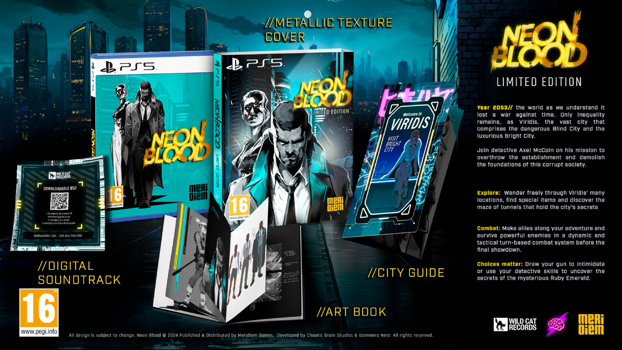 Zestaw do gry: Neon Blood Limited Edition. Zawiera płytę z grą, artbook, cyfrową ścieżkę dźwiękową i przewodnik po mieście.