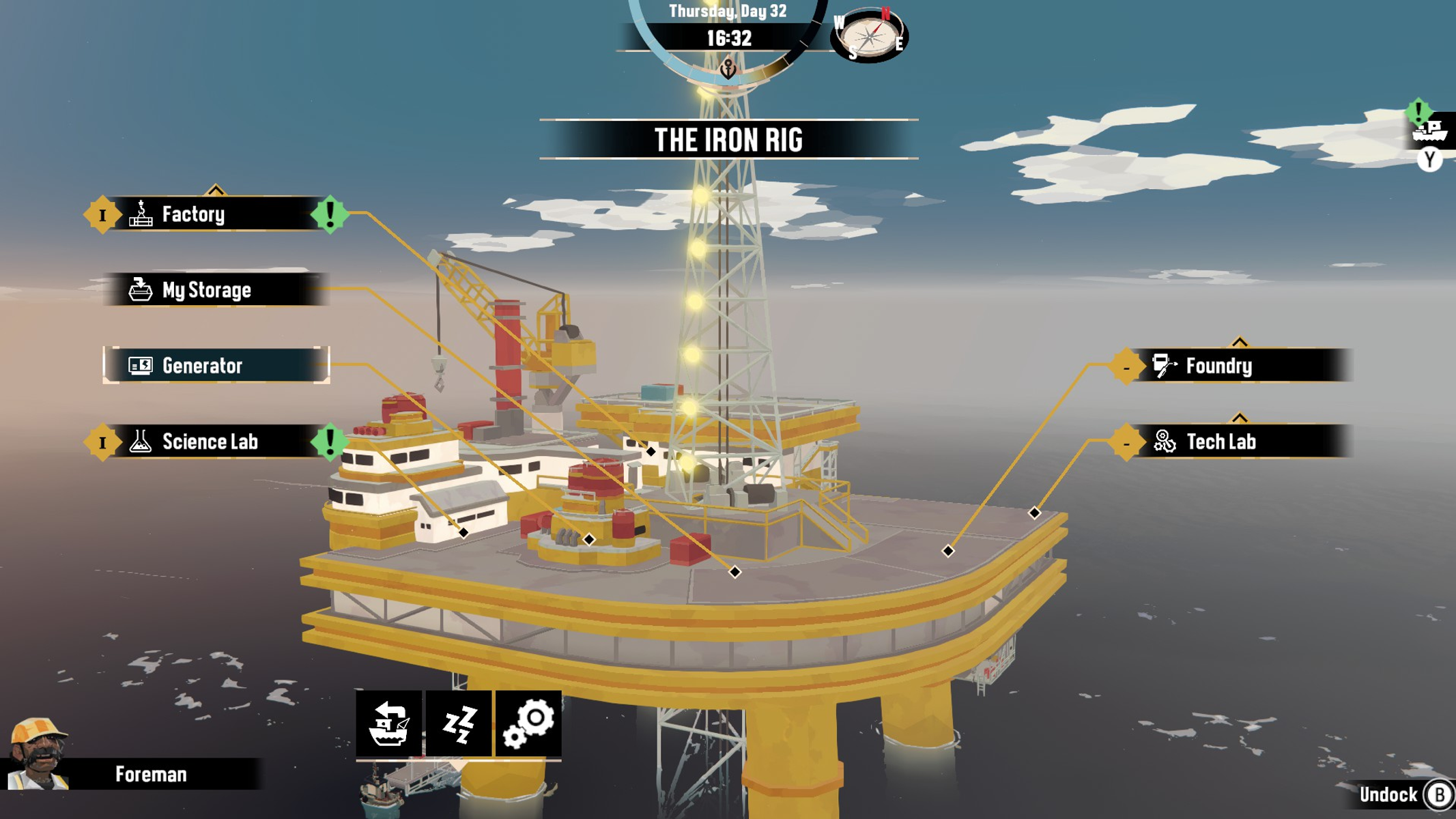 Uno screenshot di gioco con una piattaforma petrolifera, una fabbrica e elementi dell'interfaccia.