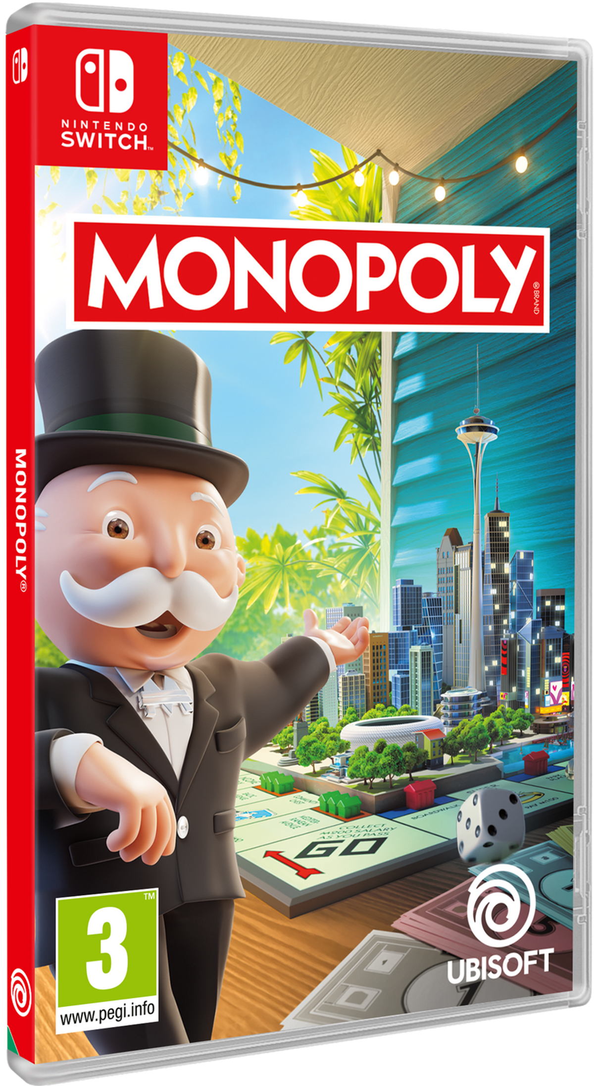 Caja del juego Monopoly para Nintendo Switch, hombre Monopoly, edificios y fondo de ciudad.