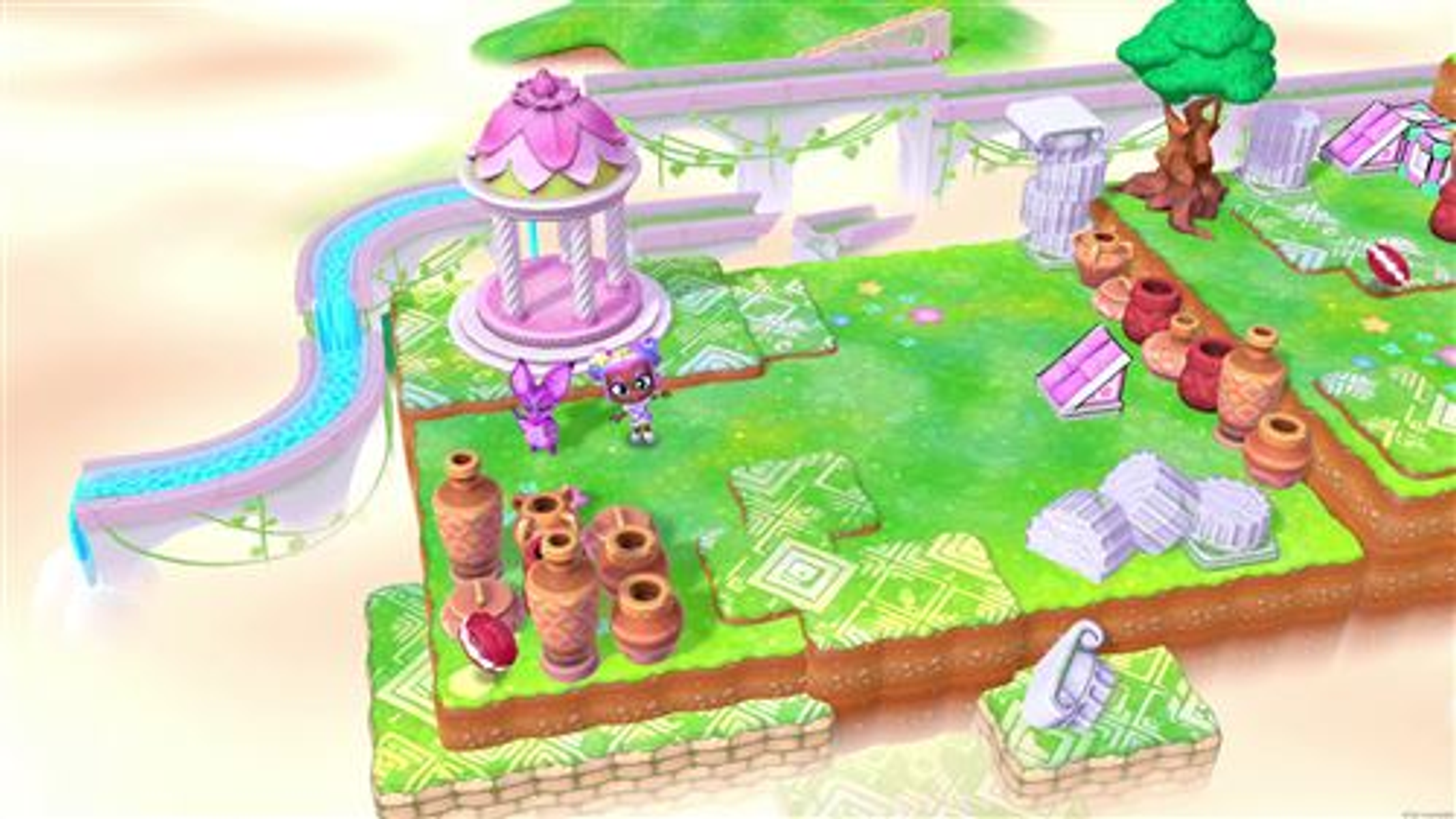 Una scena di gioco colorata con personaggi, un gazebo ed elementi decorativi.