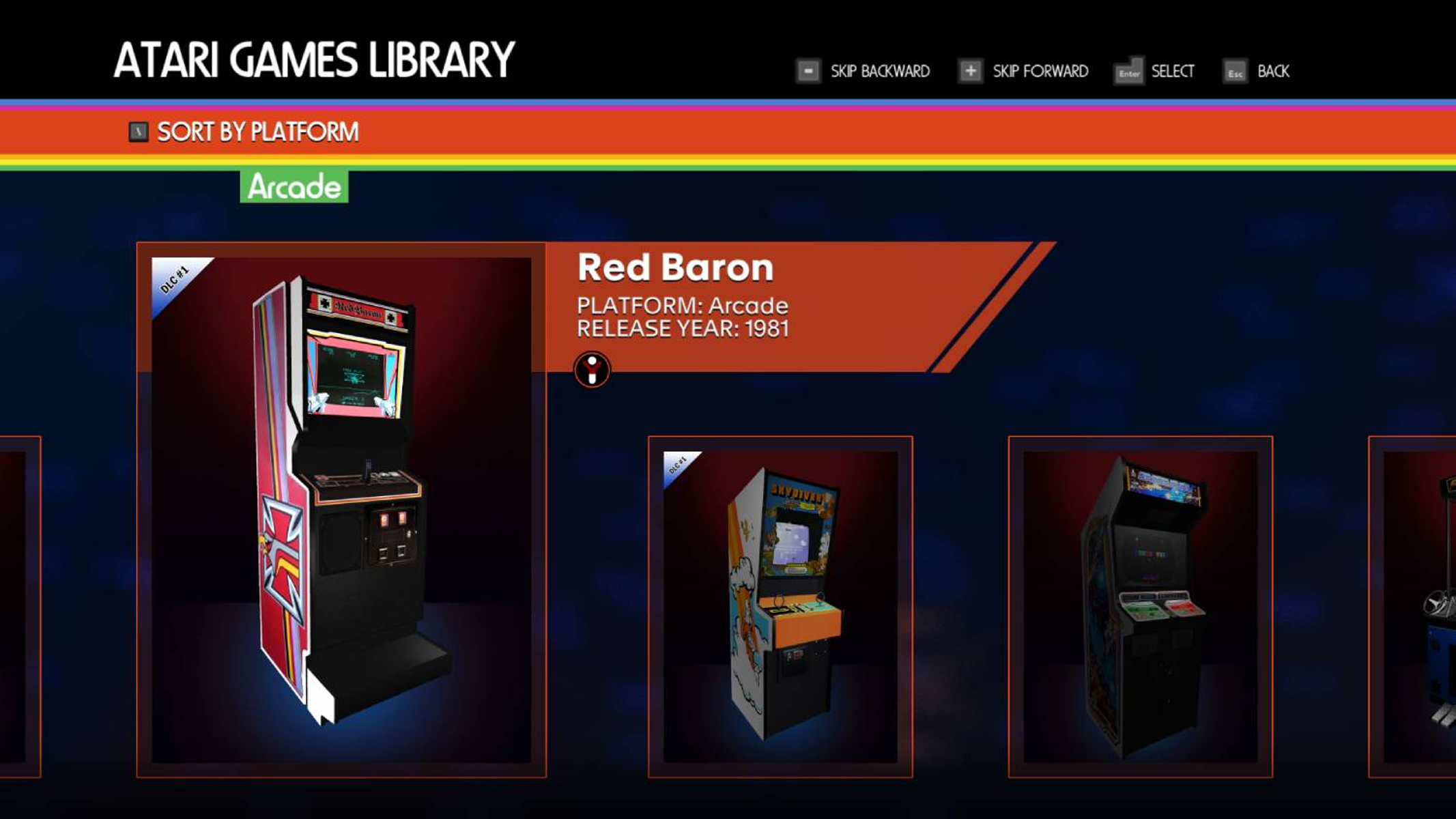 Interfejs biblioteki gier Atari. Gra arcade 'Red Baron' jest podświetlona.