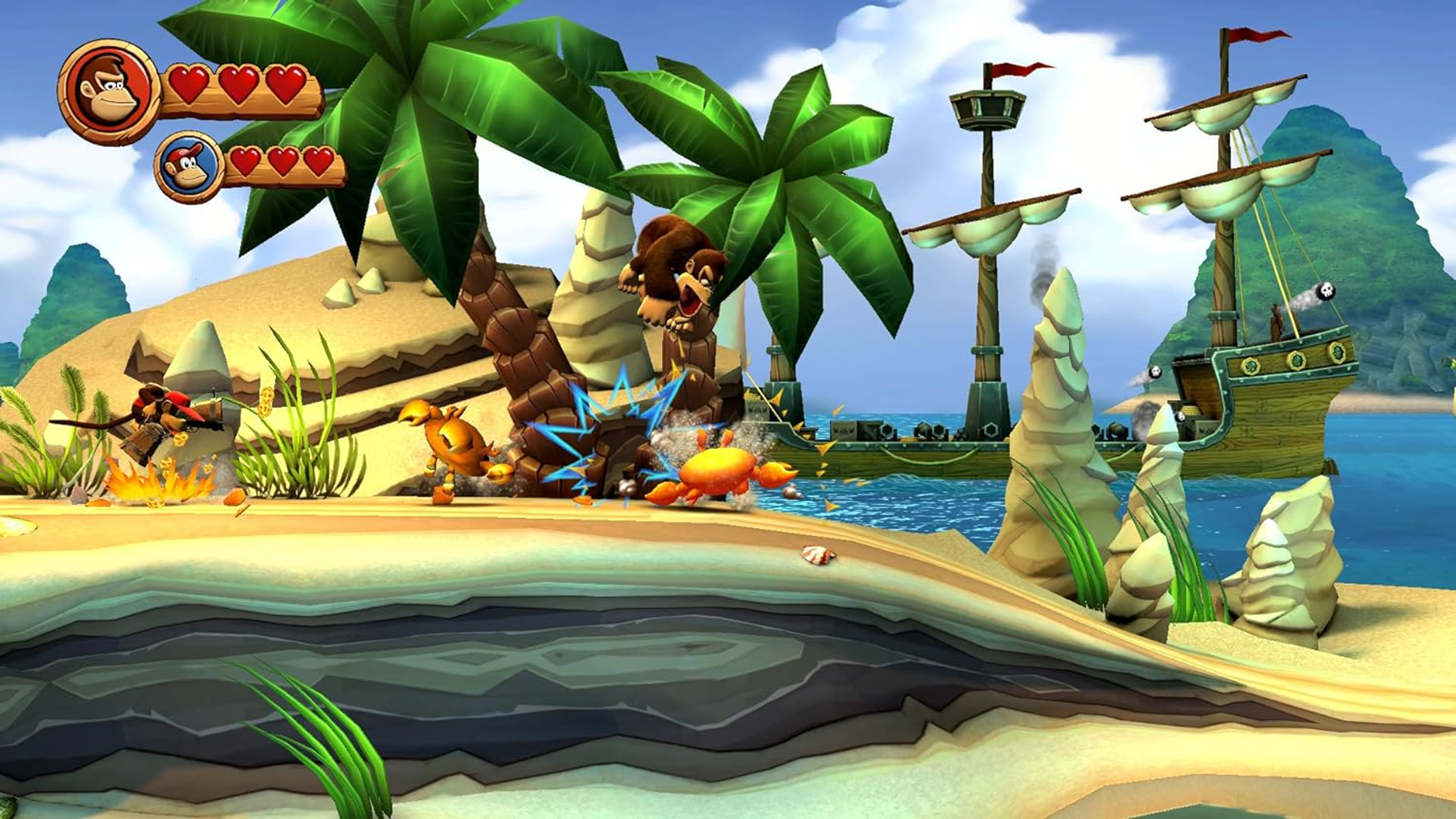Scena z gry Donkey Kong. Donkey Kong i Diddy Kong na plaży, walczą z krabami.