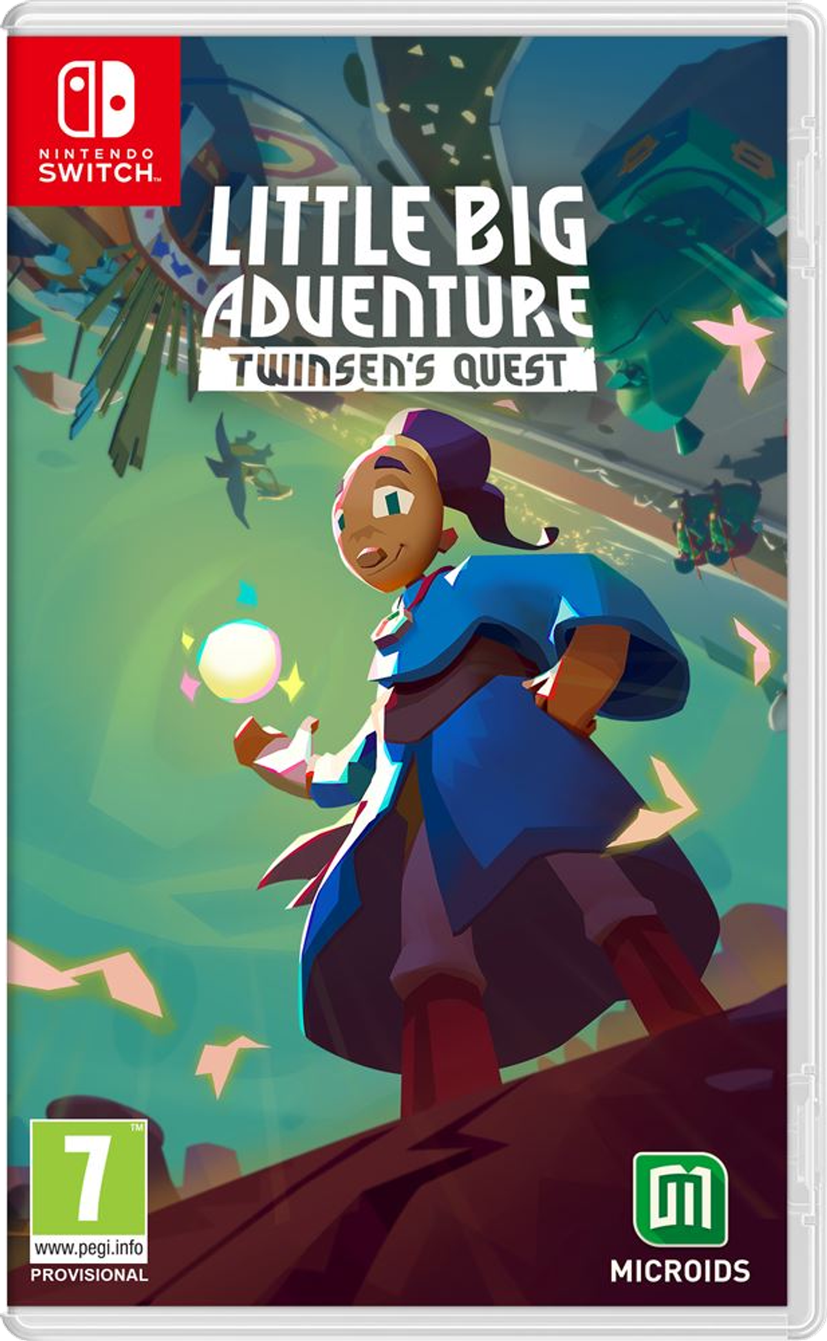 Pudełko z grą na Nintendo Switch: Little Big Adventure: Twinsen's Quest. Grafika w stylu kreskówki.