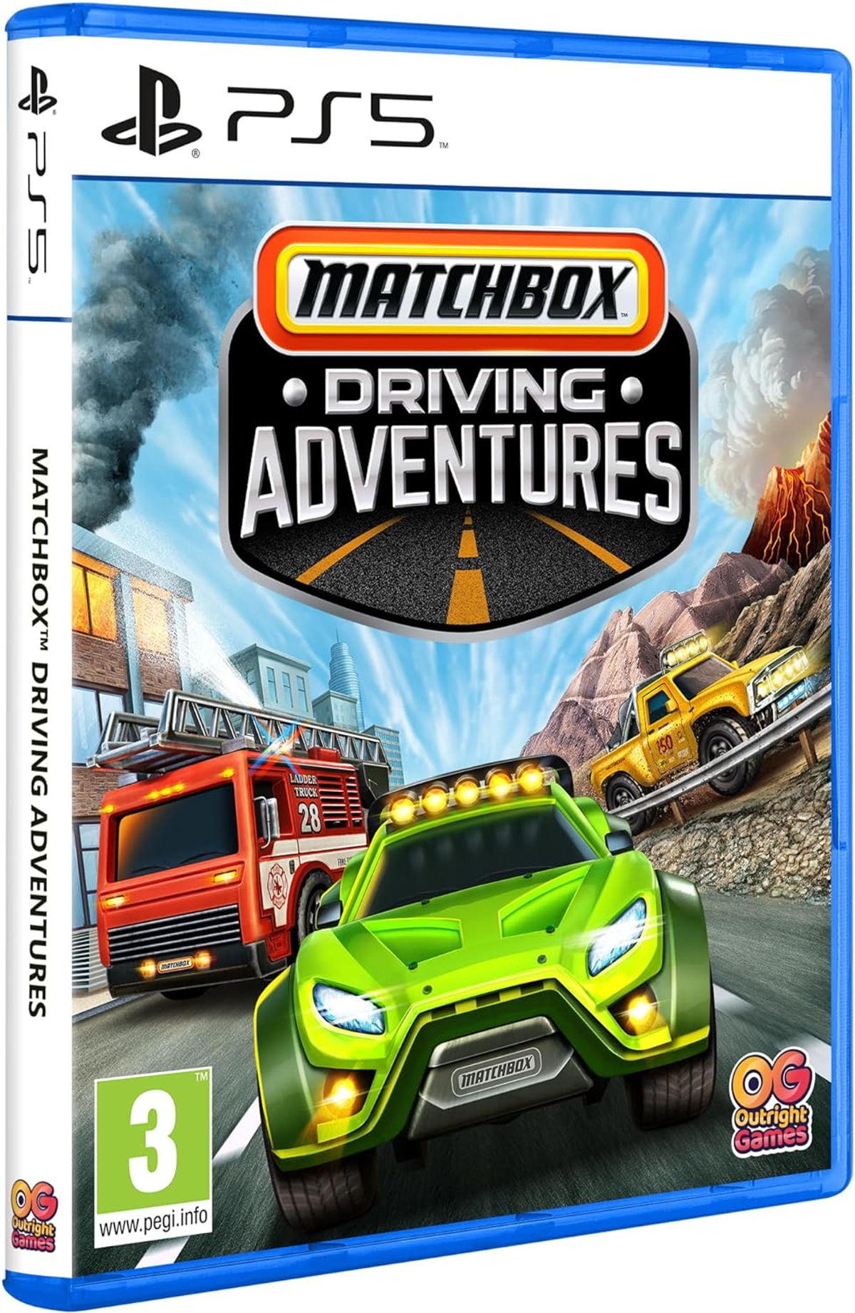 Scatola del gioco PS5: Matchbox Driving Adventures. Con auto verde, autopompa e auto gialla.