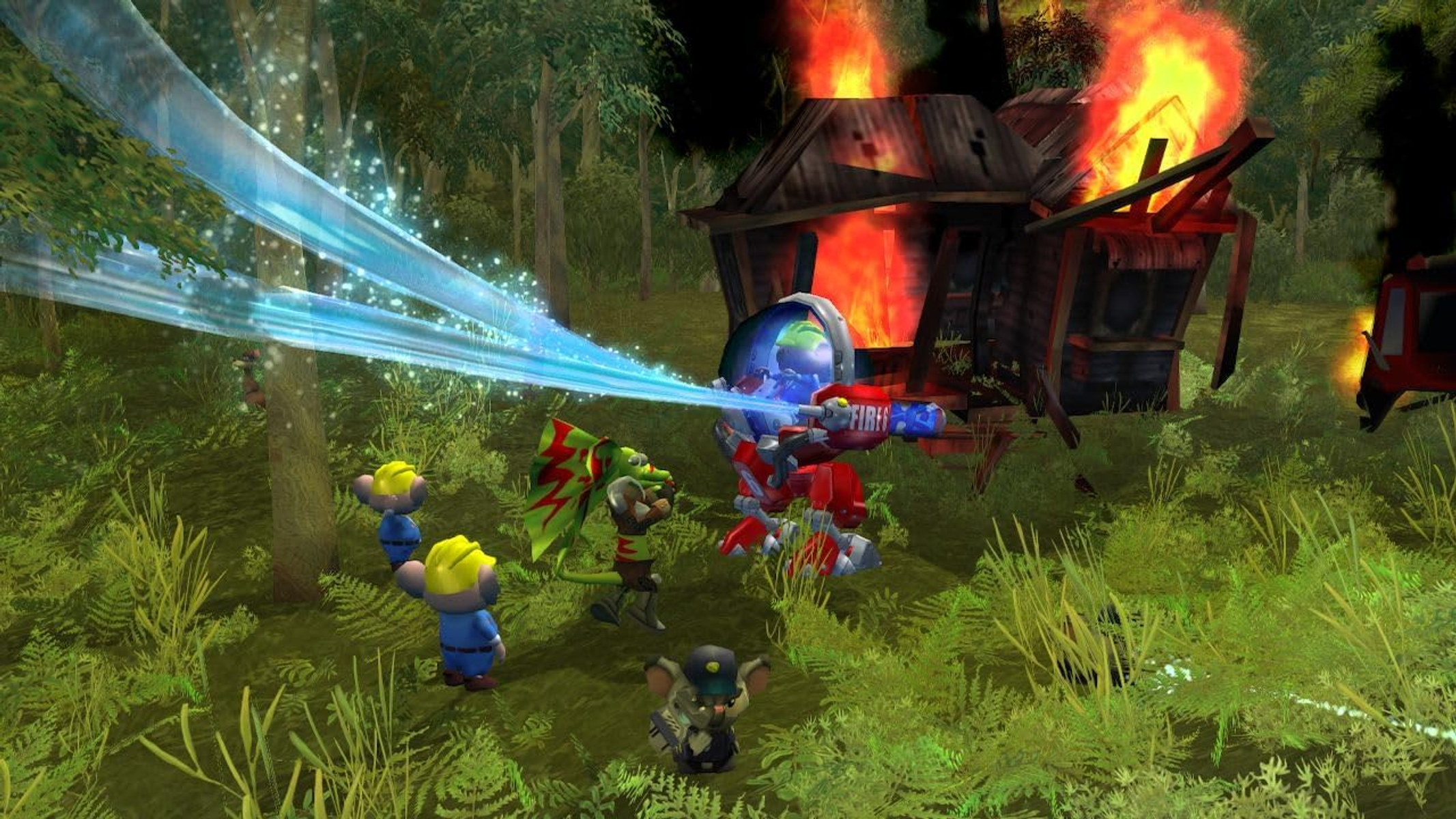 Una scena a cartoni animati con topi che combattono contro un robot, una casa in fiamme sullo sfondo.