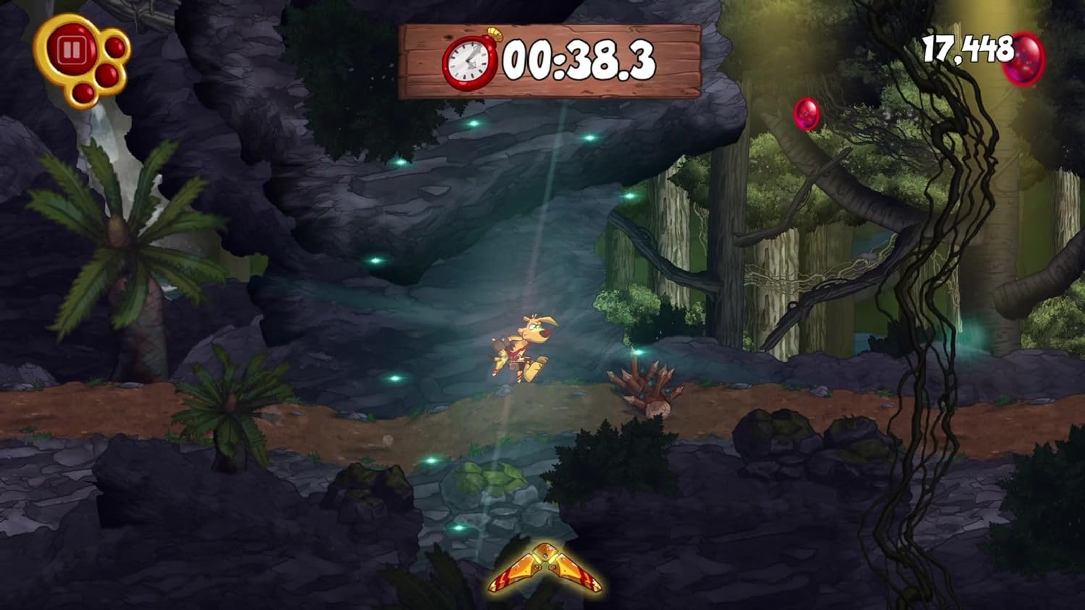 Una scena di gioco con un personaggio dei cartoni animati che salta attraverso una caverna, timer in alto, sfondo foresta.