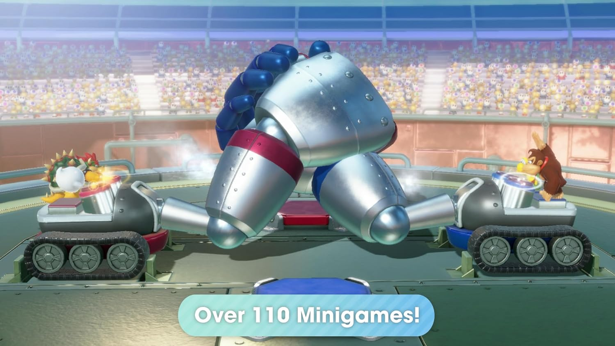 Bowser i Donkey Kong na arenie bitwy robotów, z tekstem 'Over 110 Minigier!'