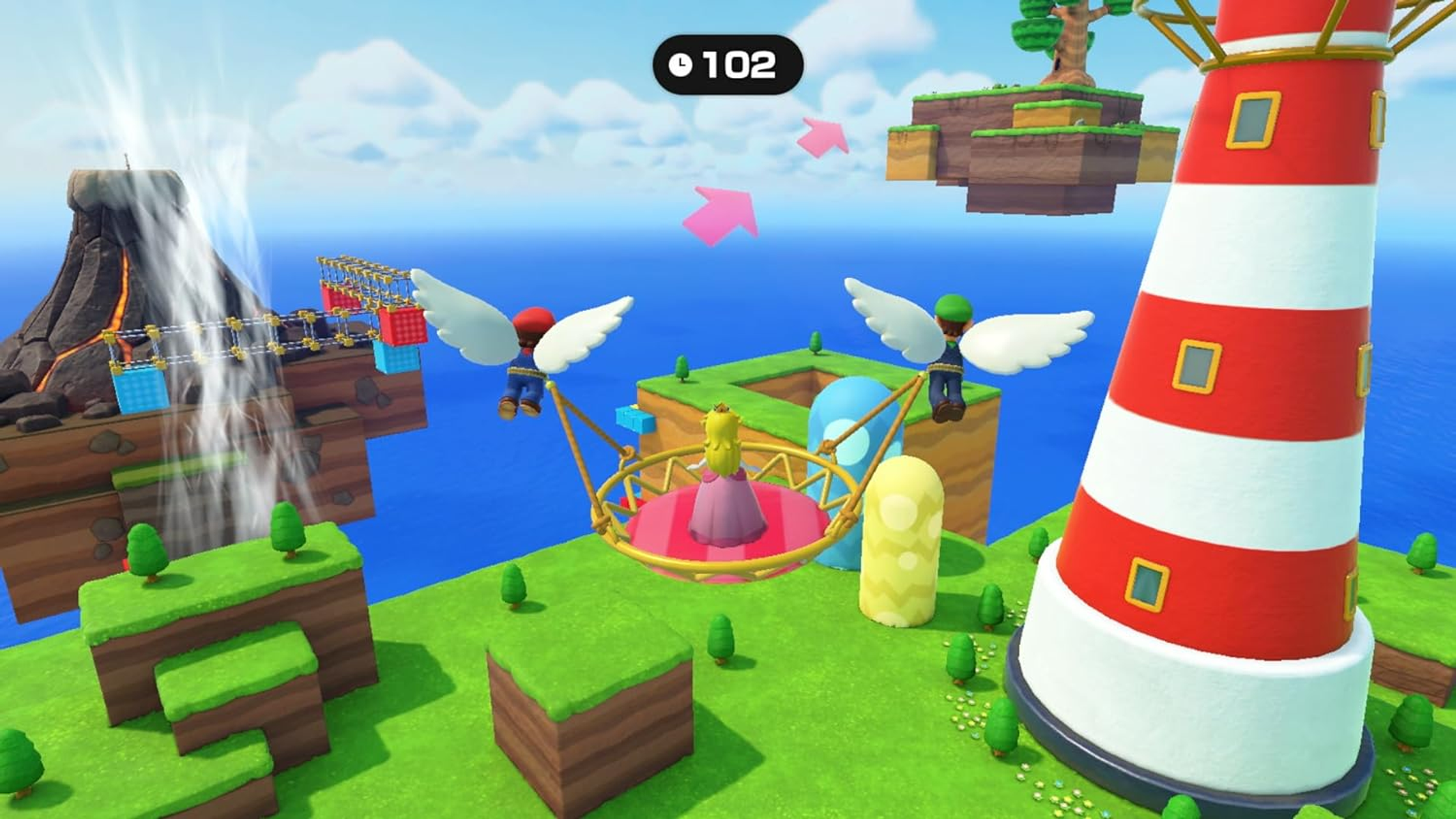Scena z gry Mario: Peach w siatce, dwie postacie ze skrzydłami, latarnia morska i pływające wyspy.