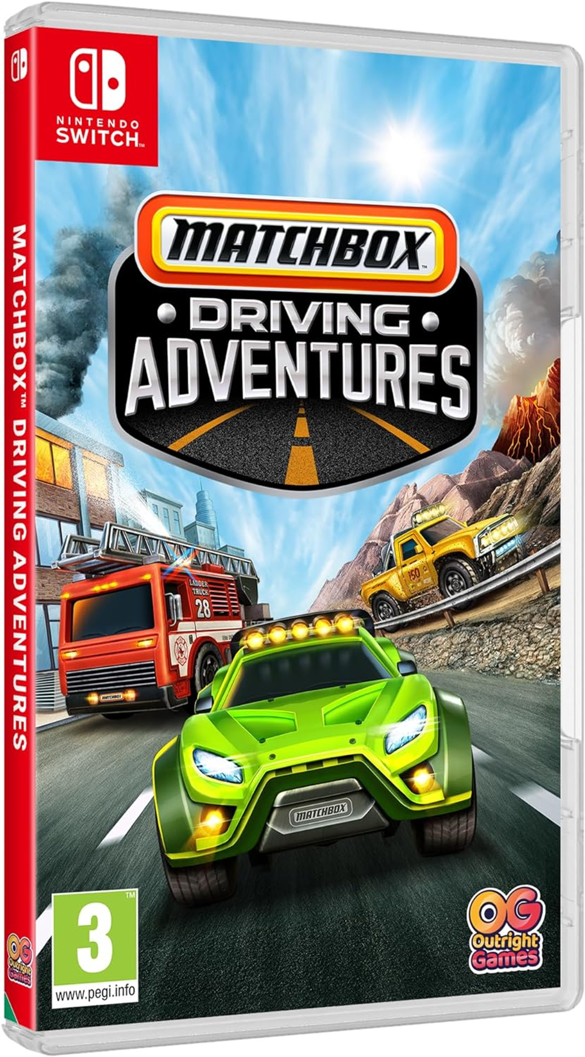 Pudełko gry Matchbox Driving Adventures. Samochody na drodze. Zielony samochód z przodu.