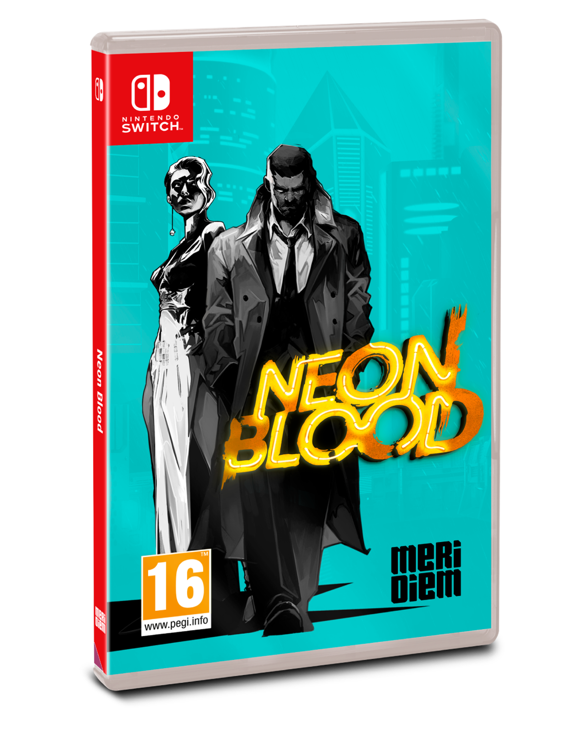 Caja del juego Neon Blood. Muestra dos figuras en blanco y negro, y el título está escrito en naranja.