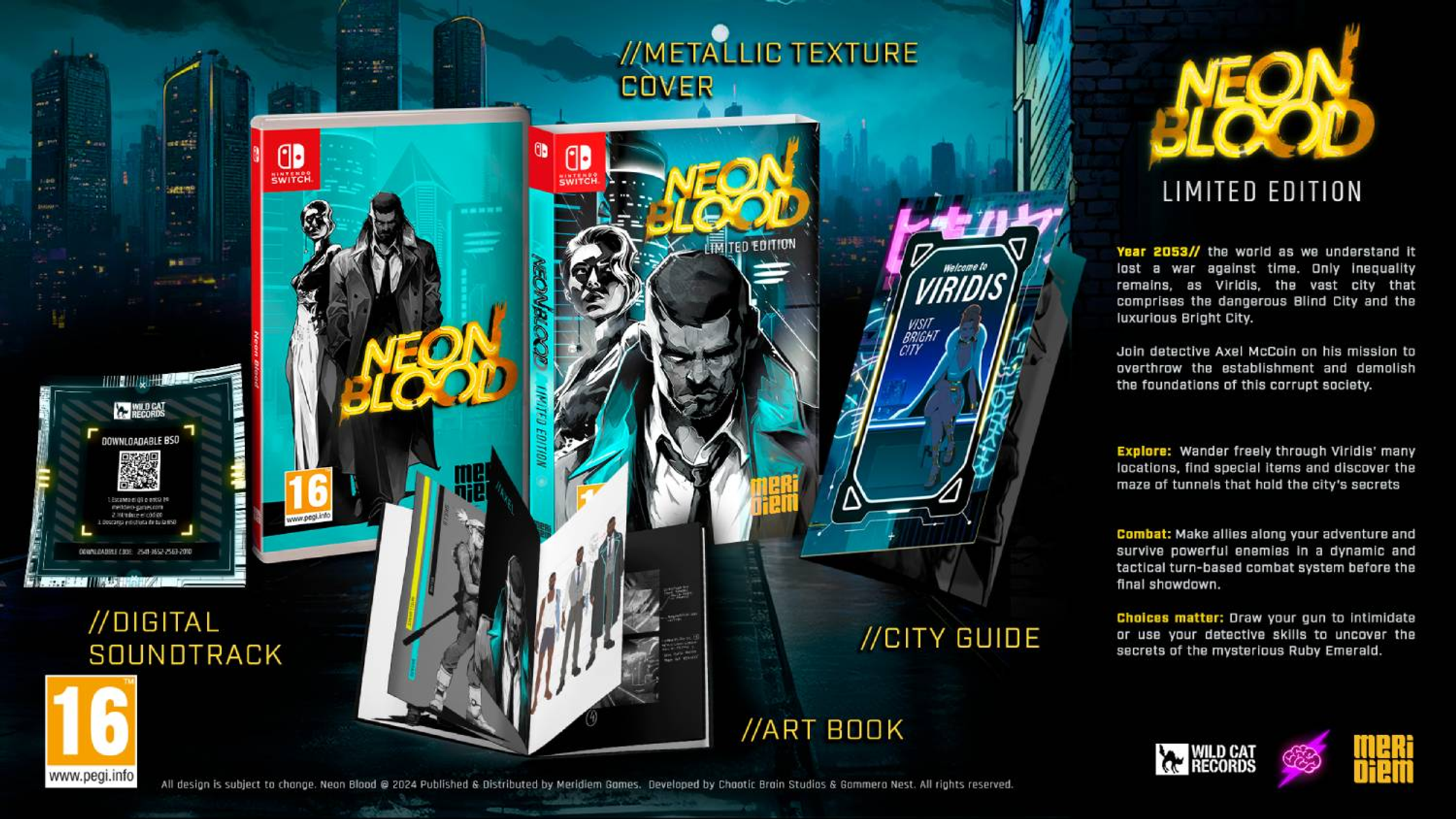Juego de estuches: Neon Blood Limited Edition. Incluye disco del juego, libro de arte, banda sonora digital y guía de la ciudad.