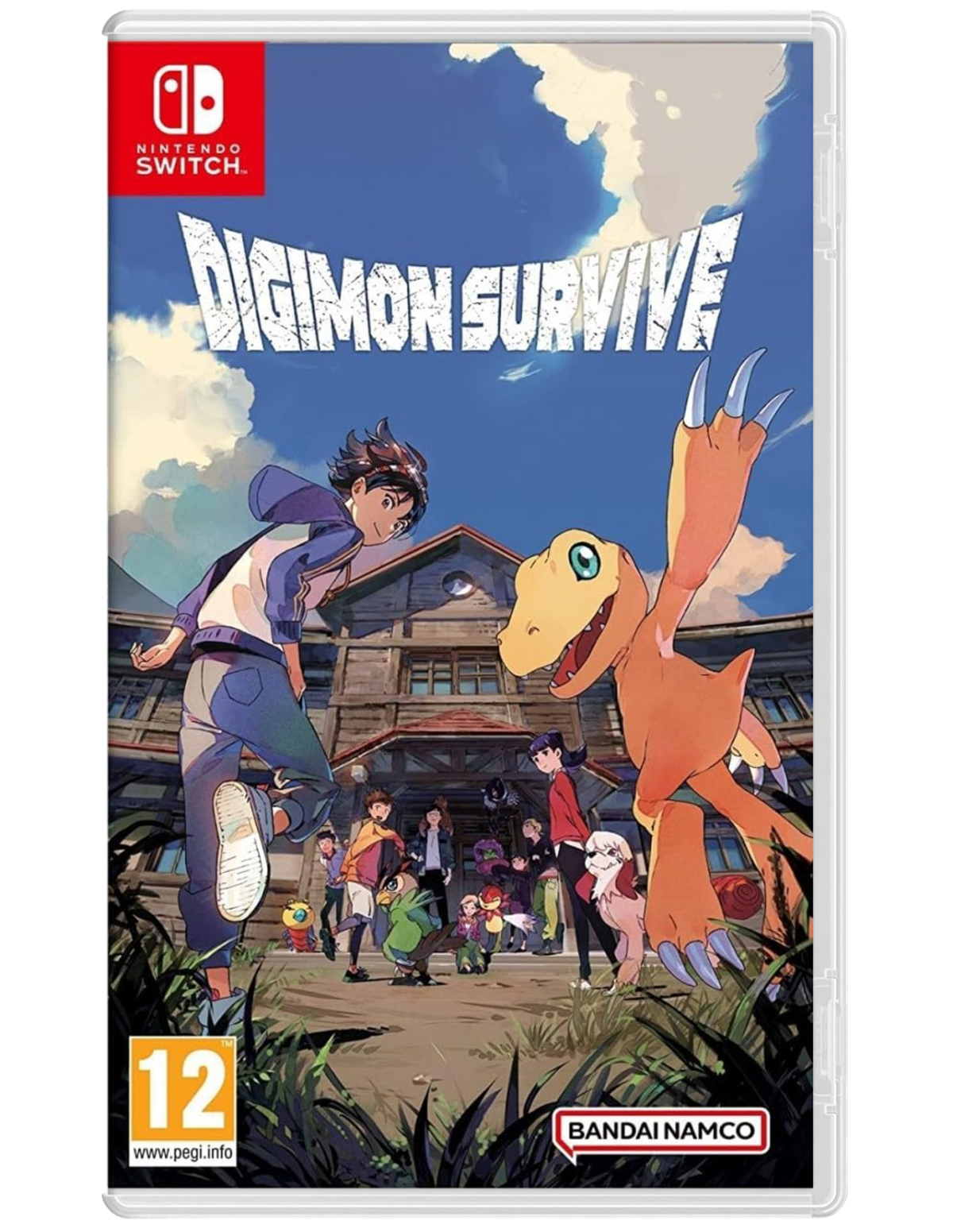 Portada del juego Digimon Survive. Un chico y un Digimon frente a un edificio con otros personajes.
