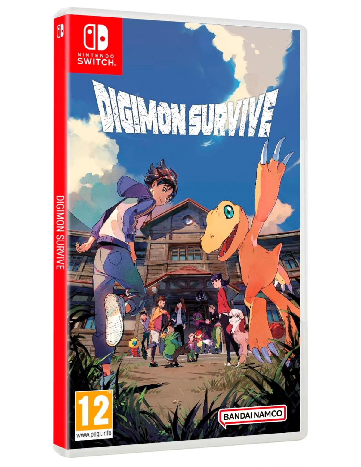 Caja del juego Digimon Survive. Presenta a un niño, una criatura y otros personajes cerca de una casa.