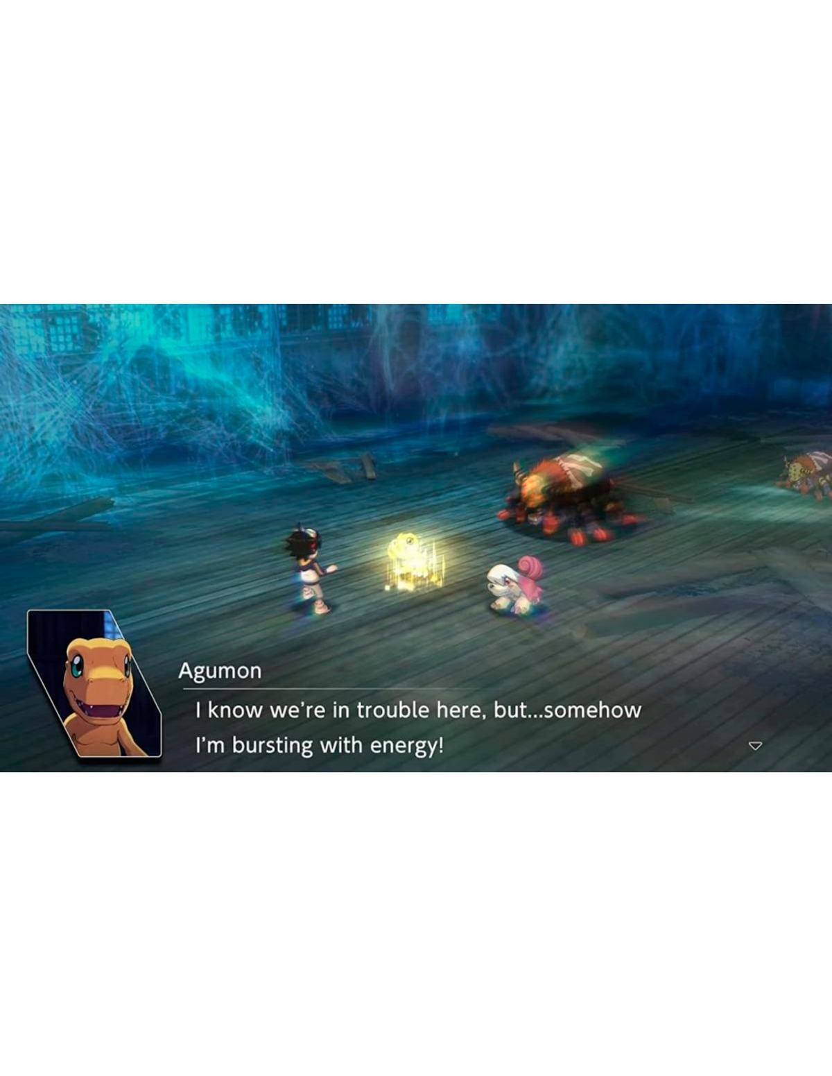 Una escena de juego con un personaje, un Digimon y un cuadro de texto que dice: "¡Estoy lleno de energía!"