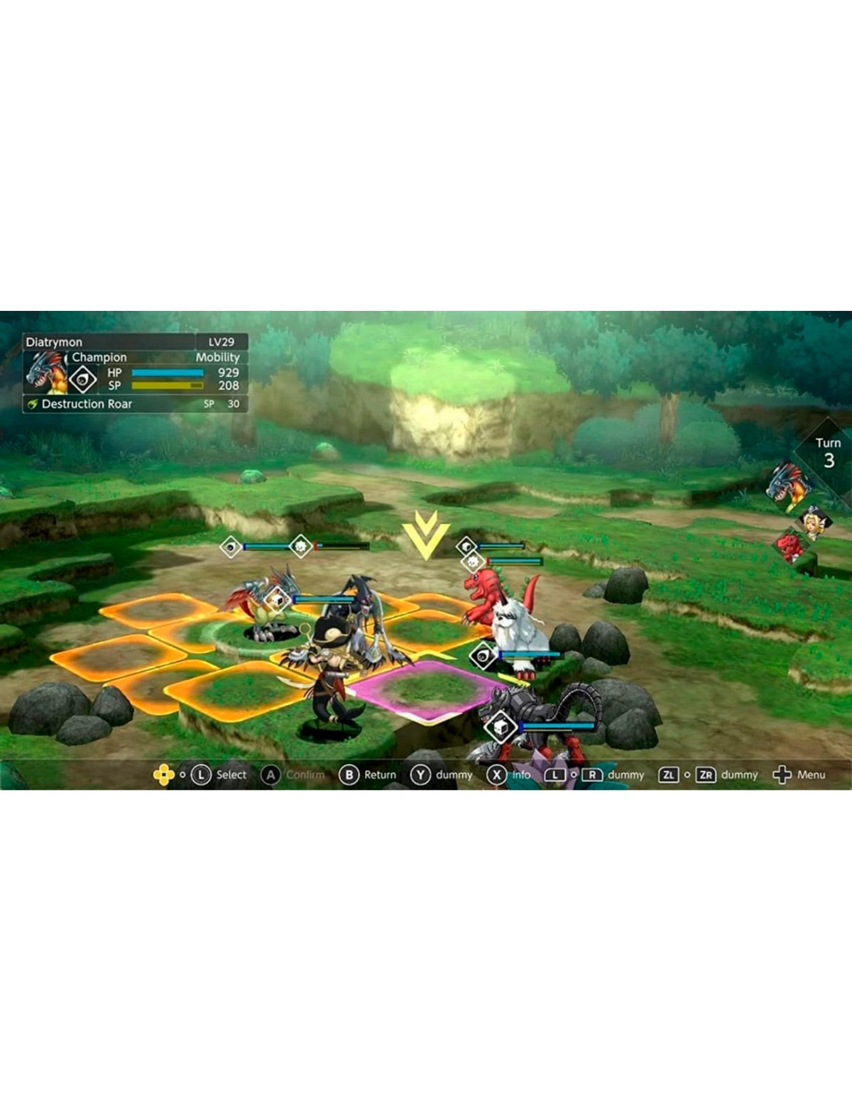 Captura de pantalla de un juego de Digimon con personajes en una escena de batalla en una cuadrícula verde y amarilla.
