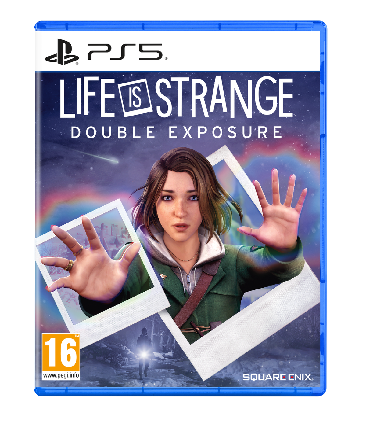 Una caja de juego de PS5 para 'Life is Strange: Double Exposure' con una mujer y marcos de polaroid.