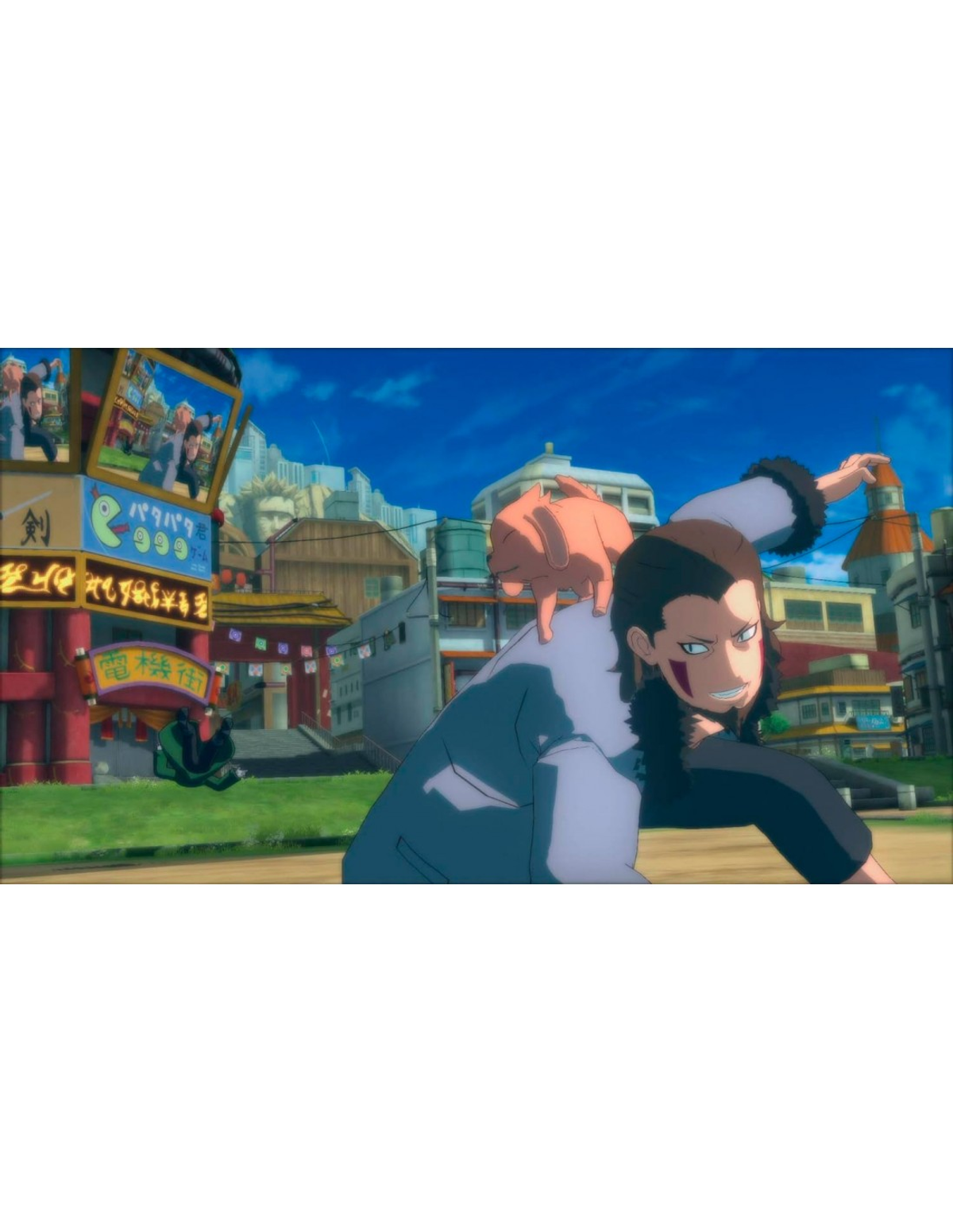 Postać z gry w stylu anime z miastem w tle.