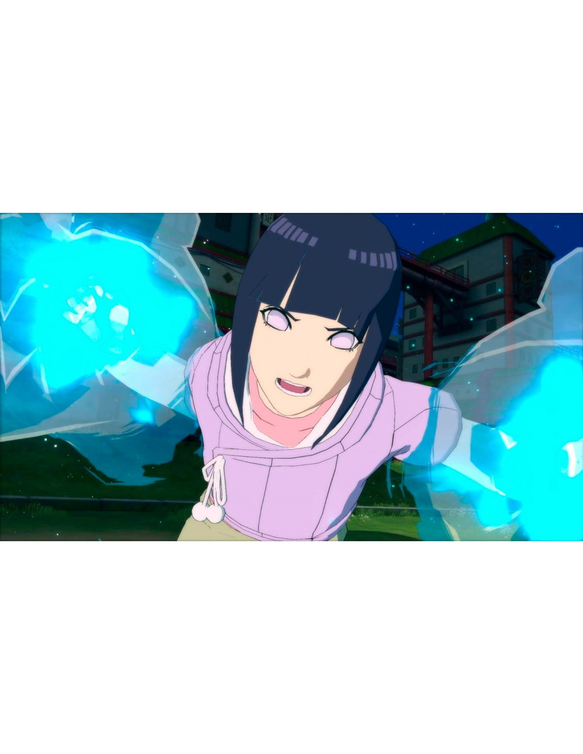 Hinata z anime Naruto. Używa niebieskiej energii. Tło to rozmyty japoński budynek.