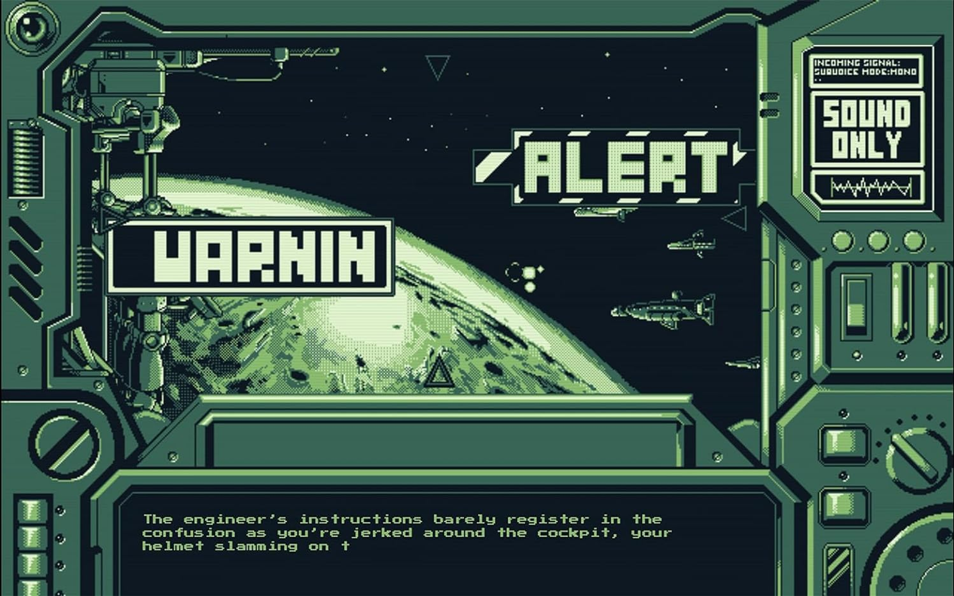 Grüne, verpixelte Weltraumszene mit Textfeldern und Raumschiffgrafiken. Erdähnlicher Planet im Hintergrund.