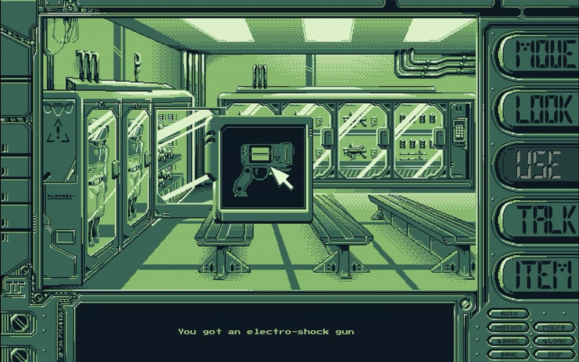 Eine pixelige Spielszene, eine Figur betrachtet eine Waffe auf einem Bildschirm.