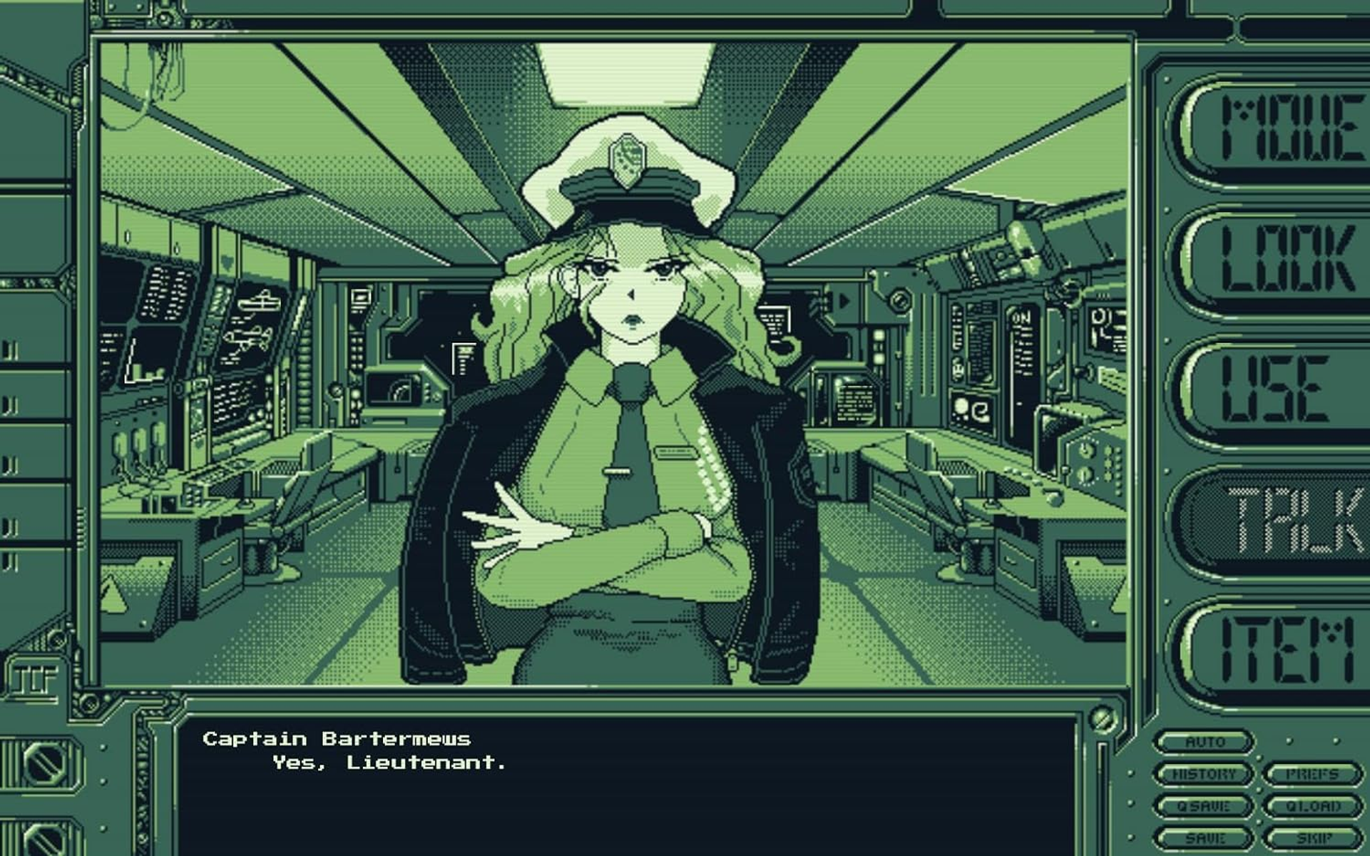 Anime-Figur in einem Raumschiff-Kontrollraum. Text: Captain Bartemews. Ja, Lieutenant.